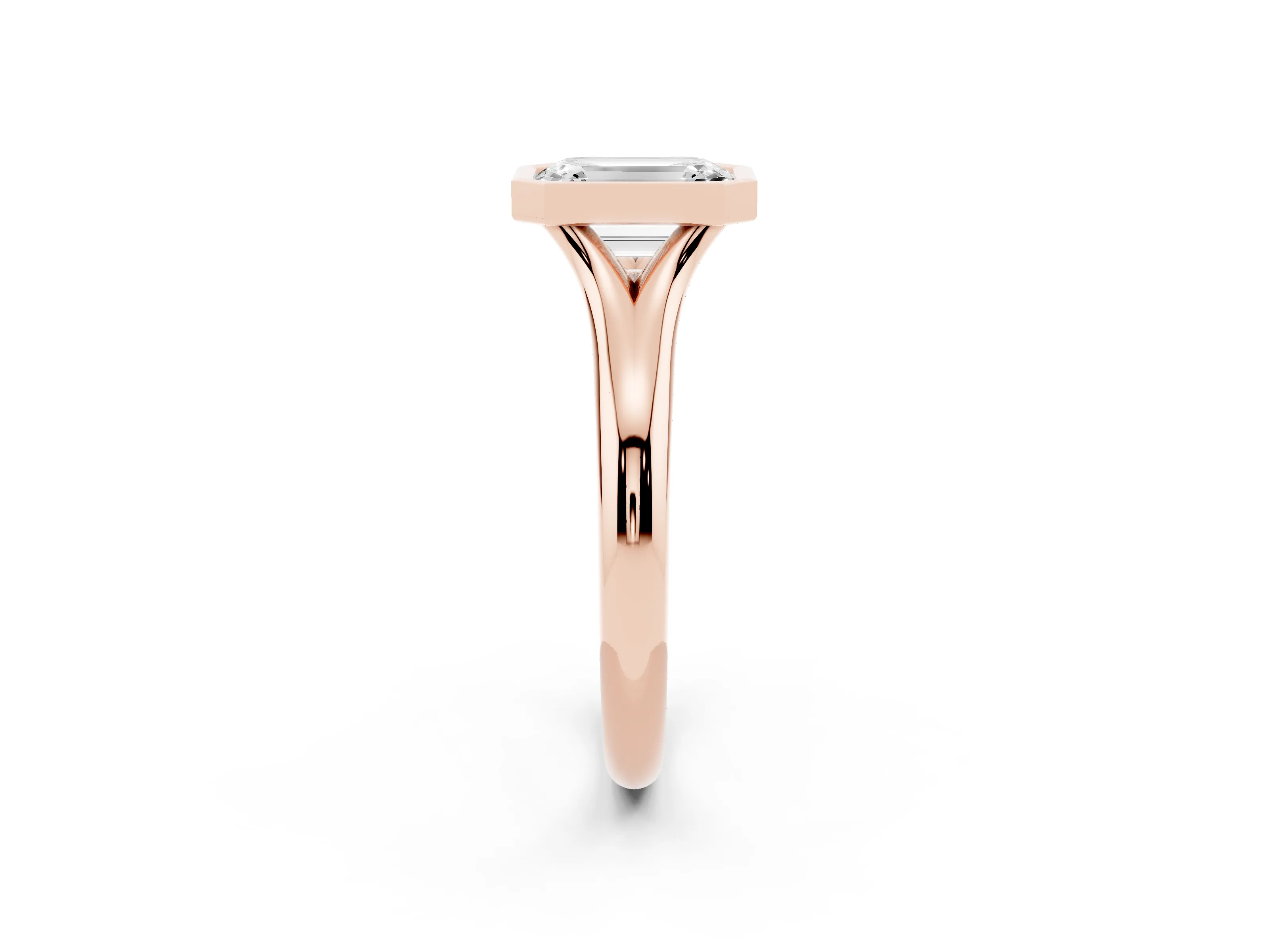 Bezel Set Emerald Cut Diamond Solitaire Ring Set in Rose gold with Smooth Band