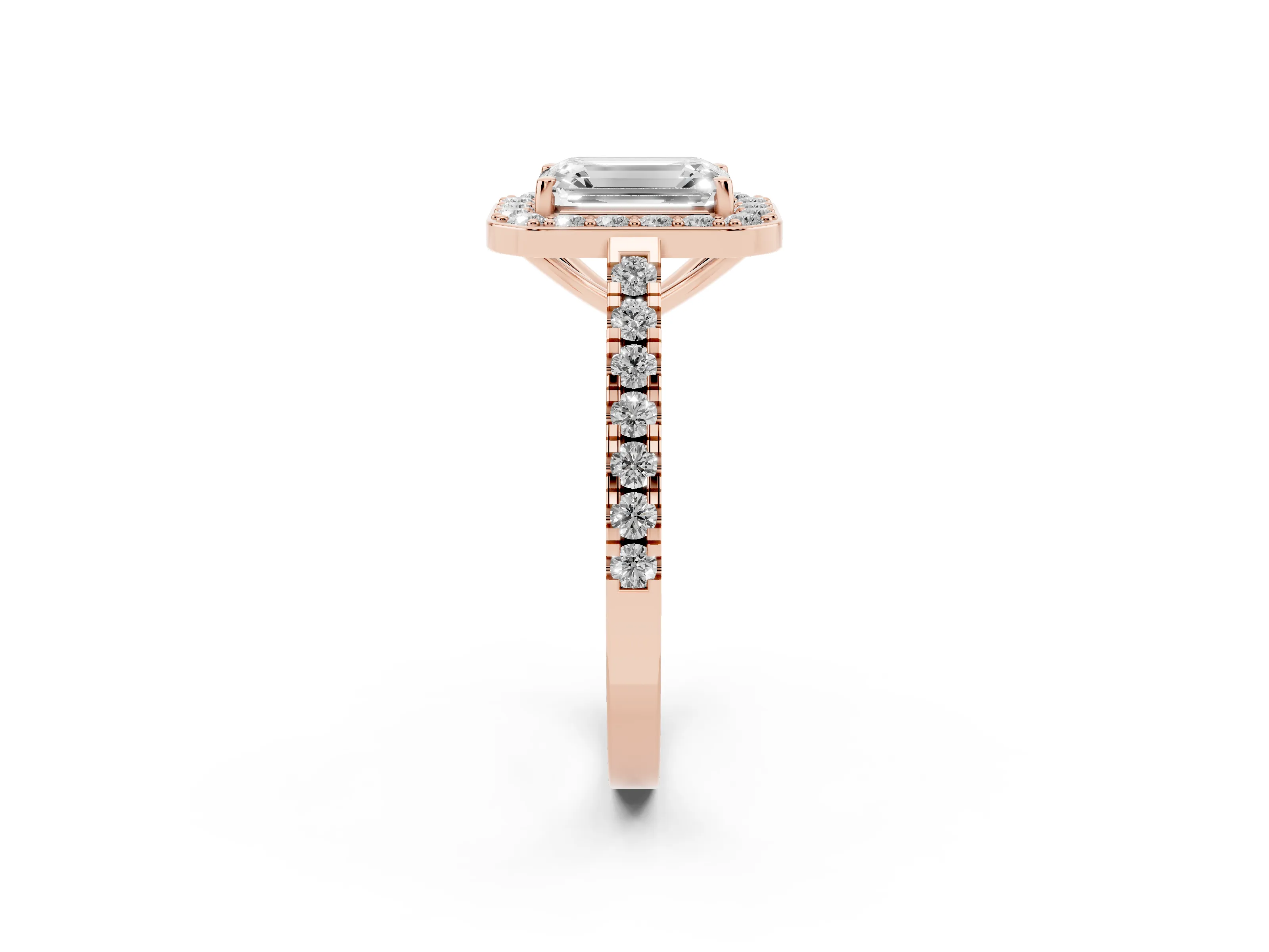 Emerald Cut Diamond Halo Ring Set in Rose gold with Round Pavé Split Shank and Prong Setting