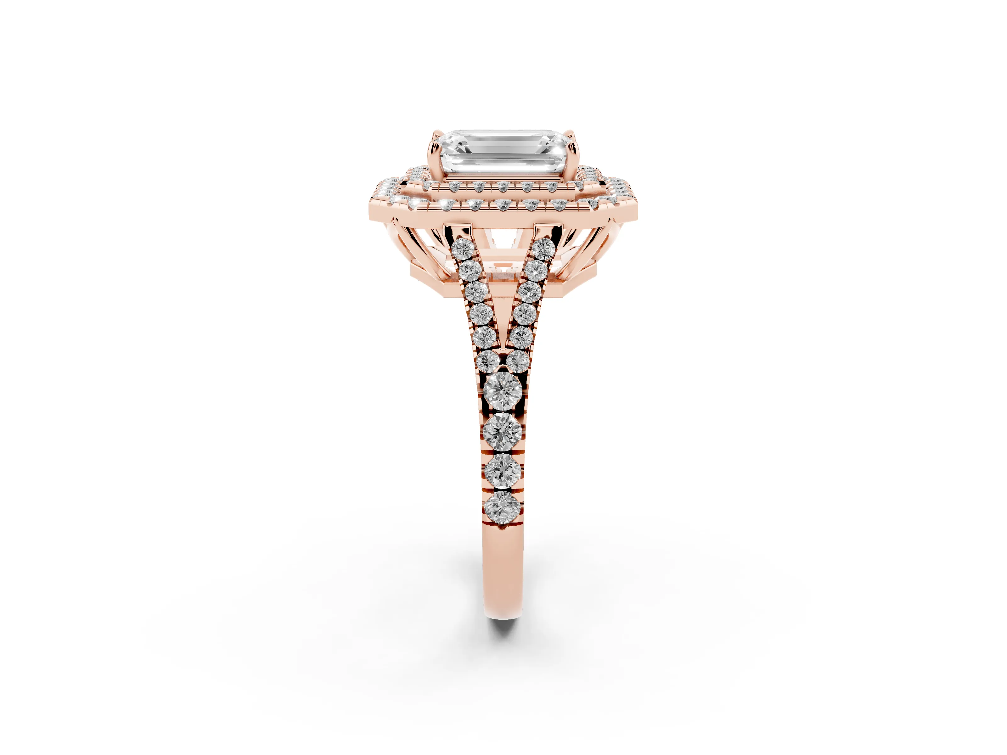 Emerald Cut Diamond Double Halo Ring Set in Rose gold with Pavé Band