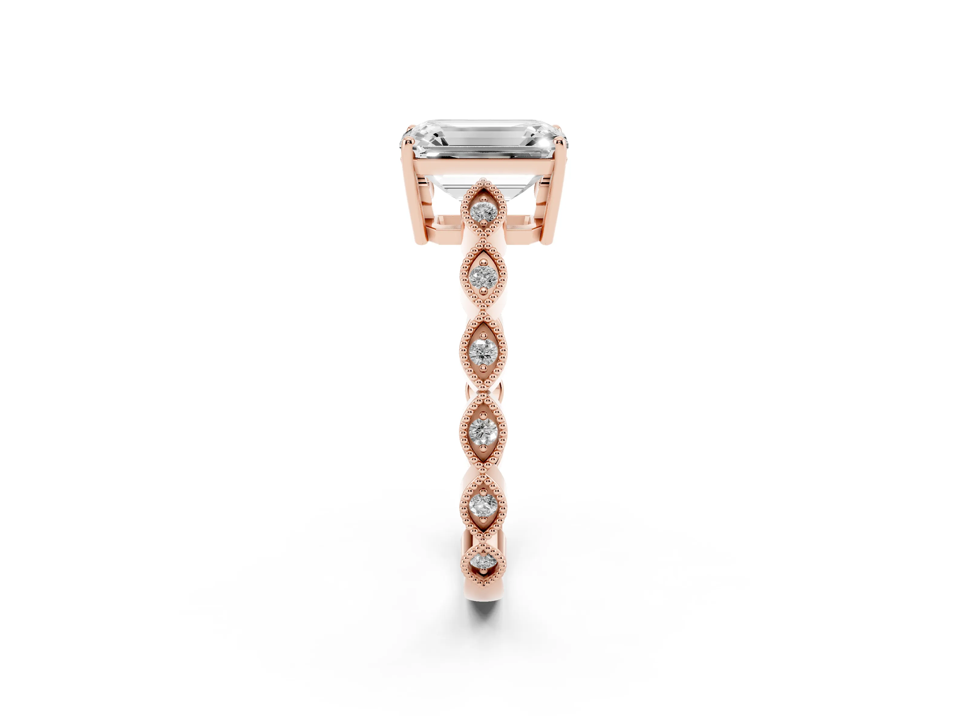 Emerald Cut Diamond Solitaire Ring Set in Rose gold with Infinity Twist Pavé Band