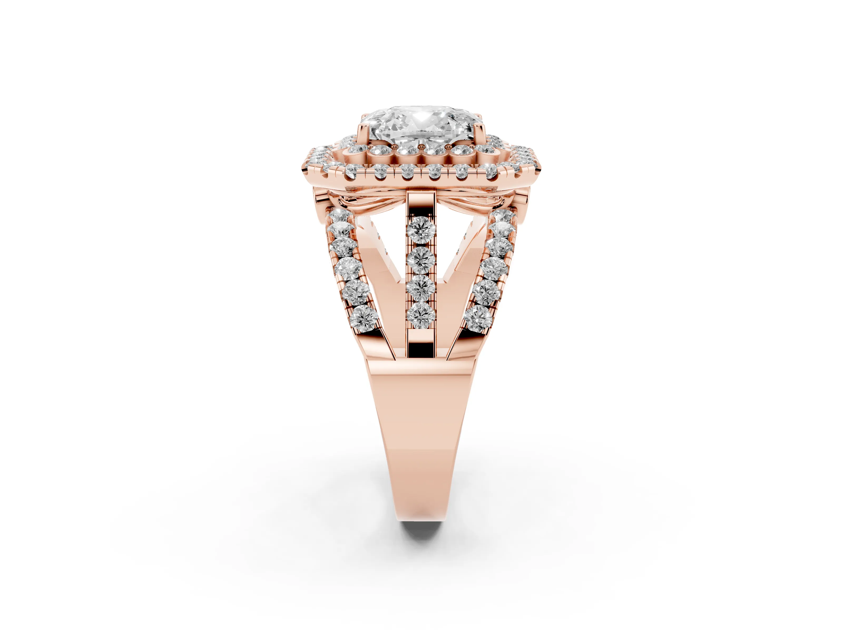 Emerald Cut Diamond Double Halo Ring Set in Rose gold with Round Pavé Split Shank