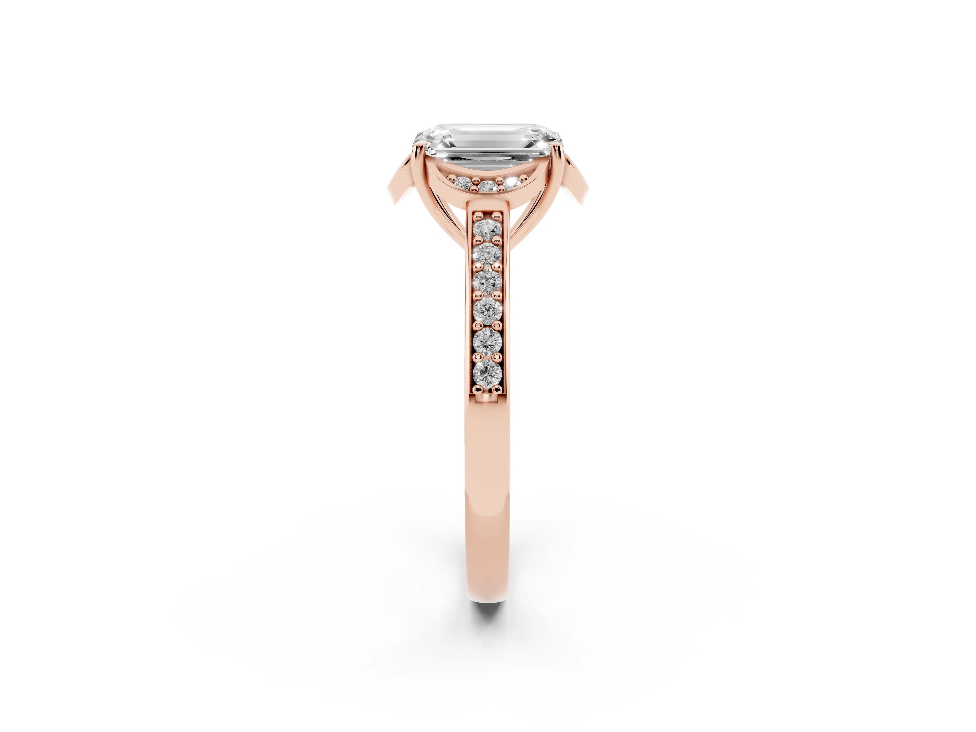 Emerald Cut Diamond Halo Ring Set in Rose gold with Channel Set Band and Prong Setting