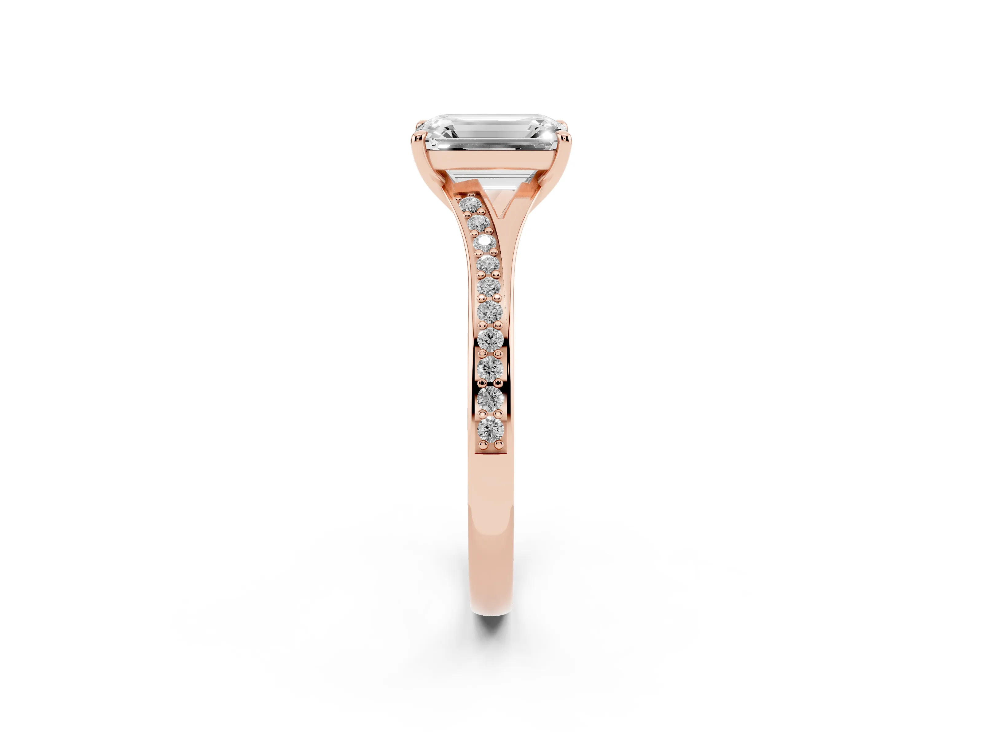 Emerald Cut Diamond Solitaire Ring Set in Rose gold with Pavé Accent Band and Classic Prong Setting