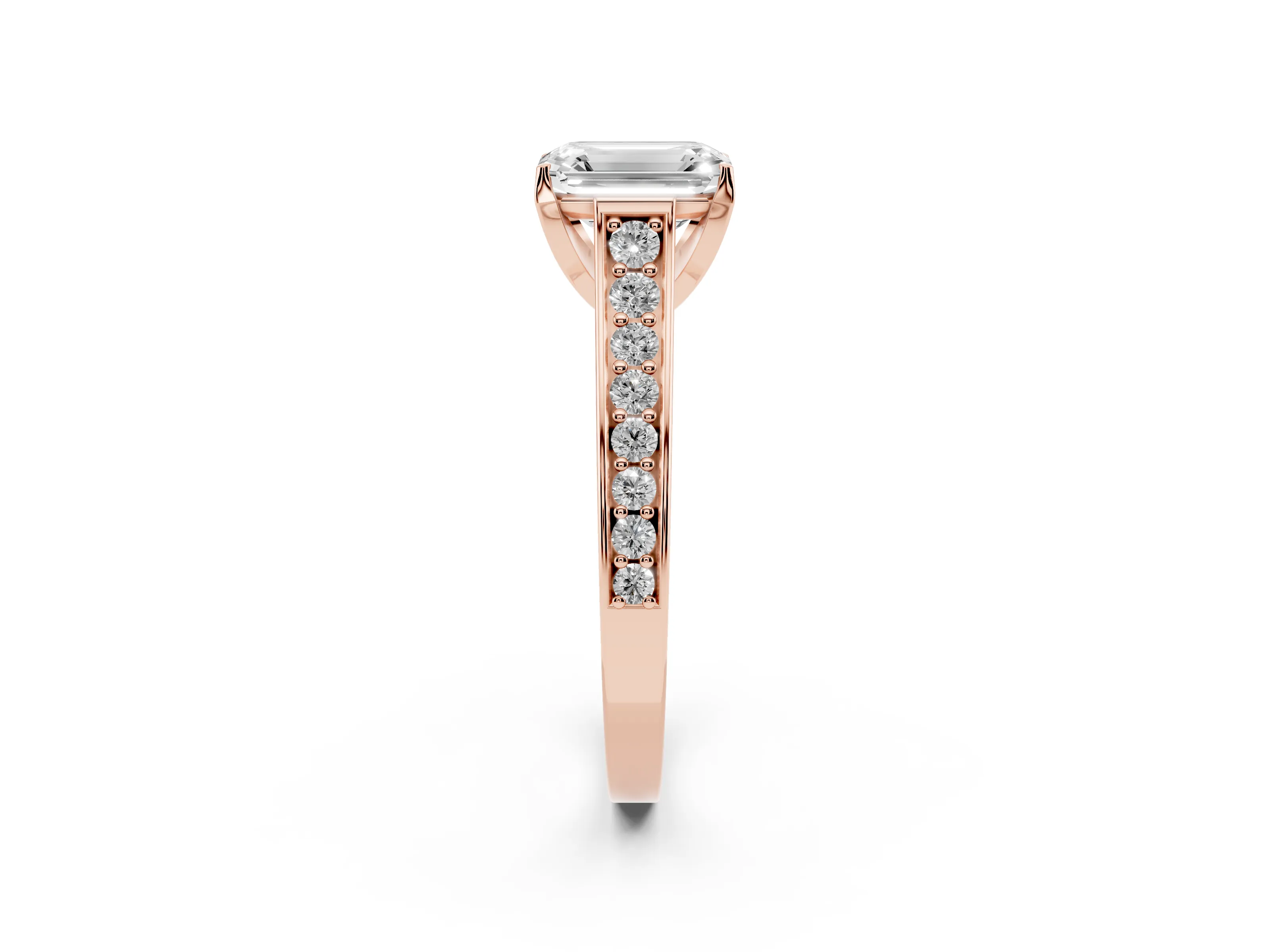 Emerald Cut Diamond Solitaire Pavé Engagement Ring Set in Rose gold with Prong Setting