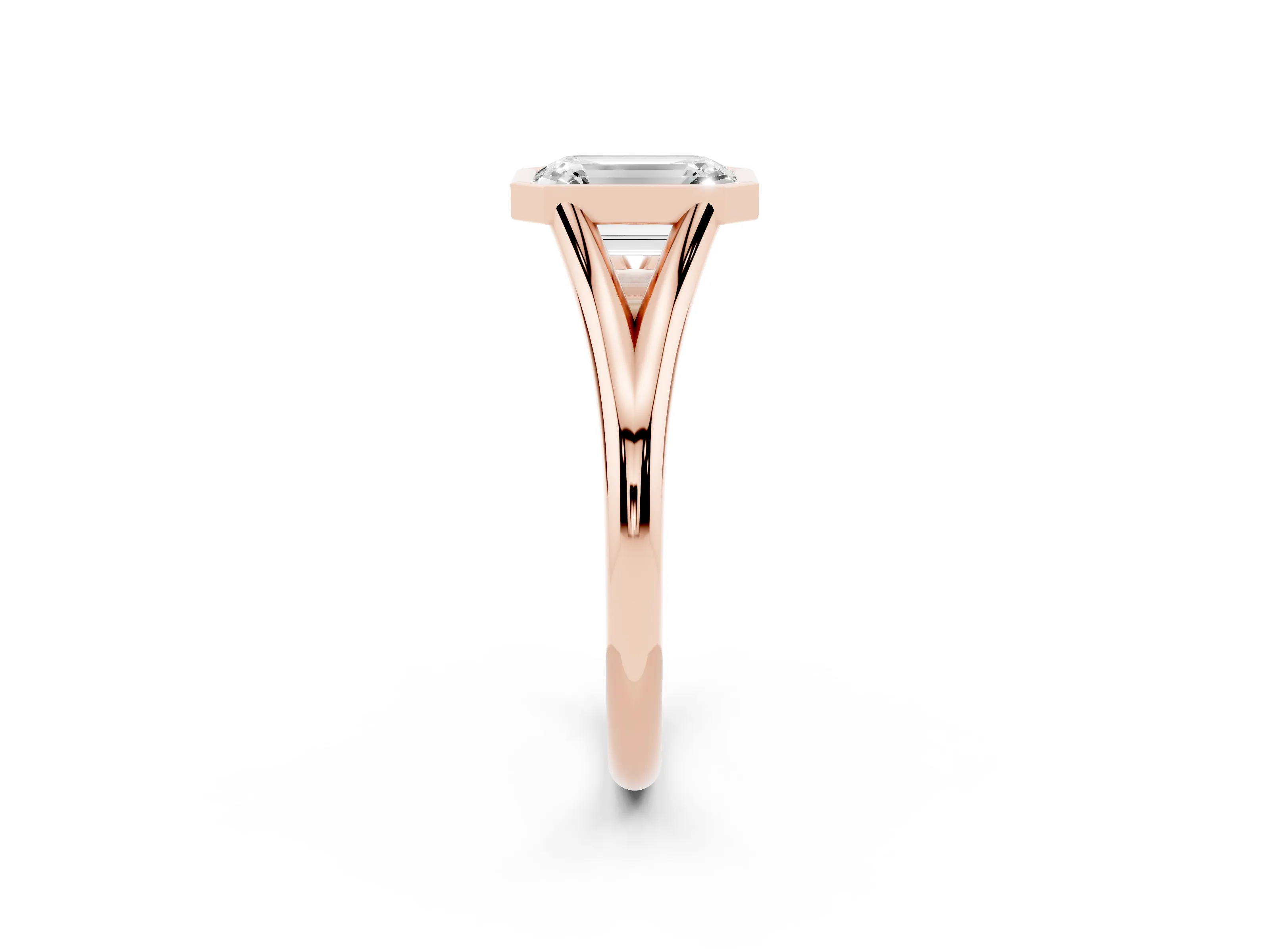 Bezel Set Emerald Cut Diamond Solitaire Ring Set in Rose gold with Tapered Band