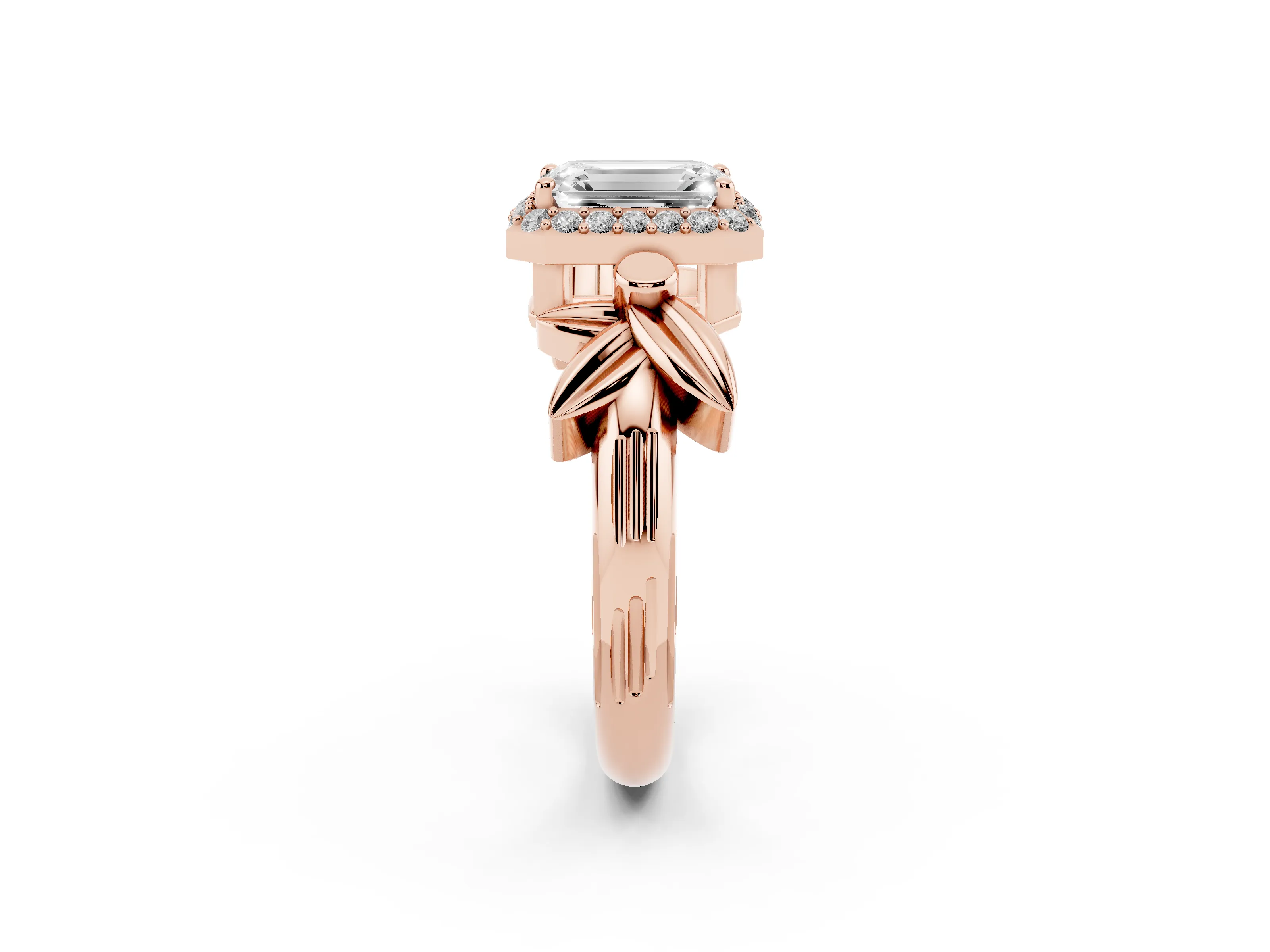 Emerald Cut Diamond Halo Floral Band Ring Set in Rose gold with Prong Setting
