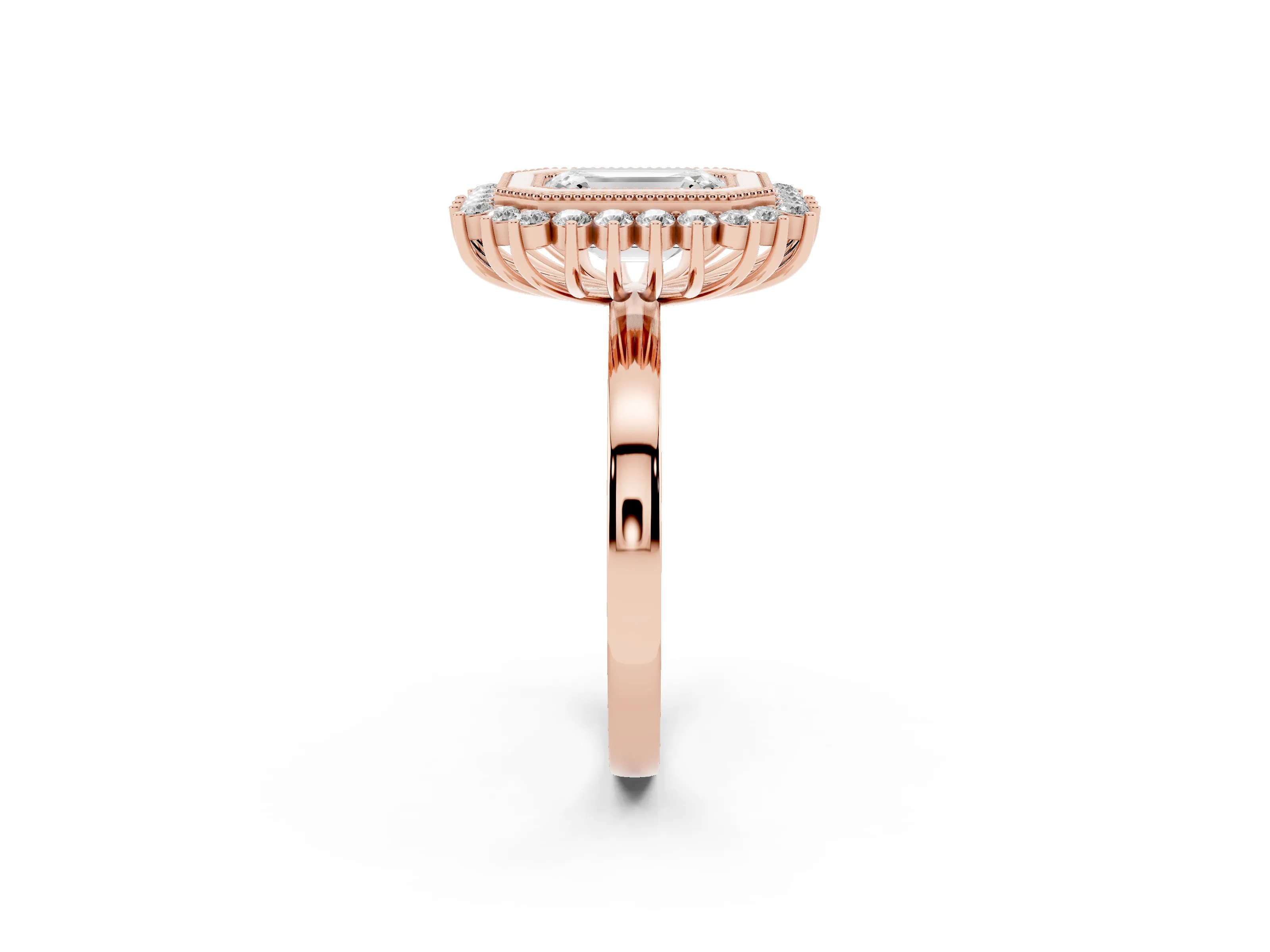 Emerald Cut Diamond Halo Ring Set in Rose gold with Milgrain Edge and Round Prong Setting