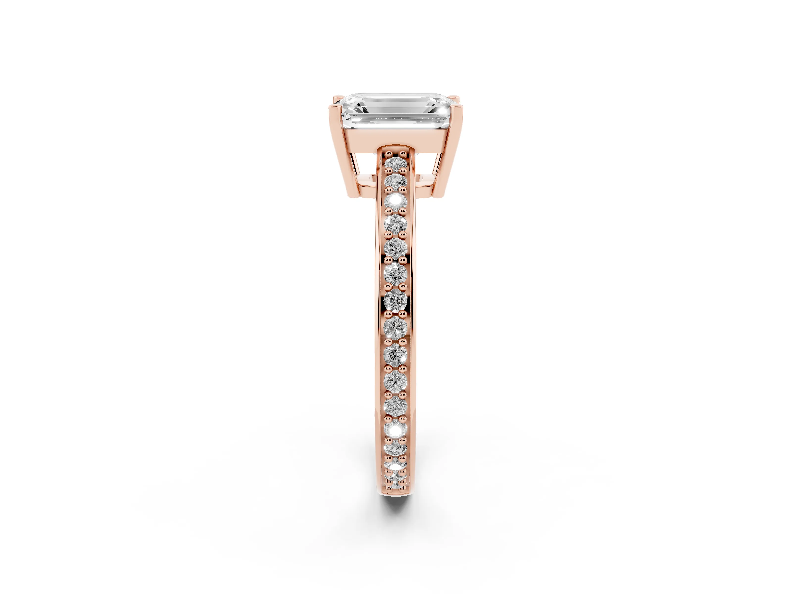 Emerald Cut Diamond Pavé Band Prong Set Solitaire Ring Set in Rose gold