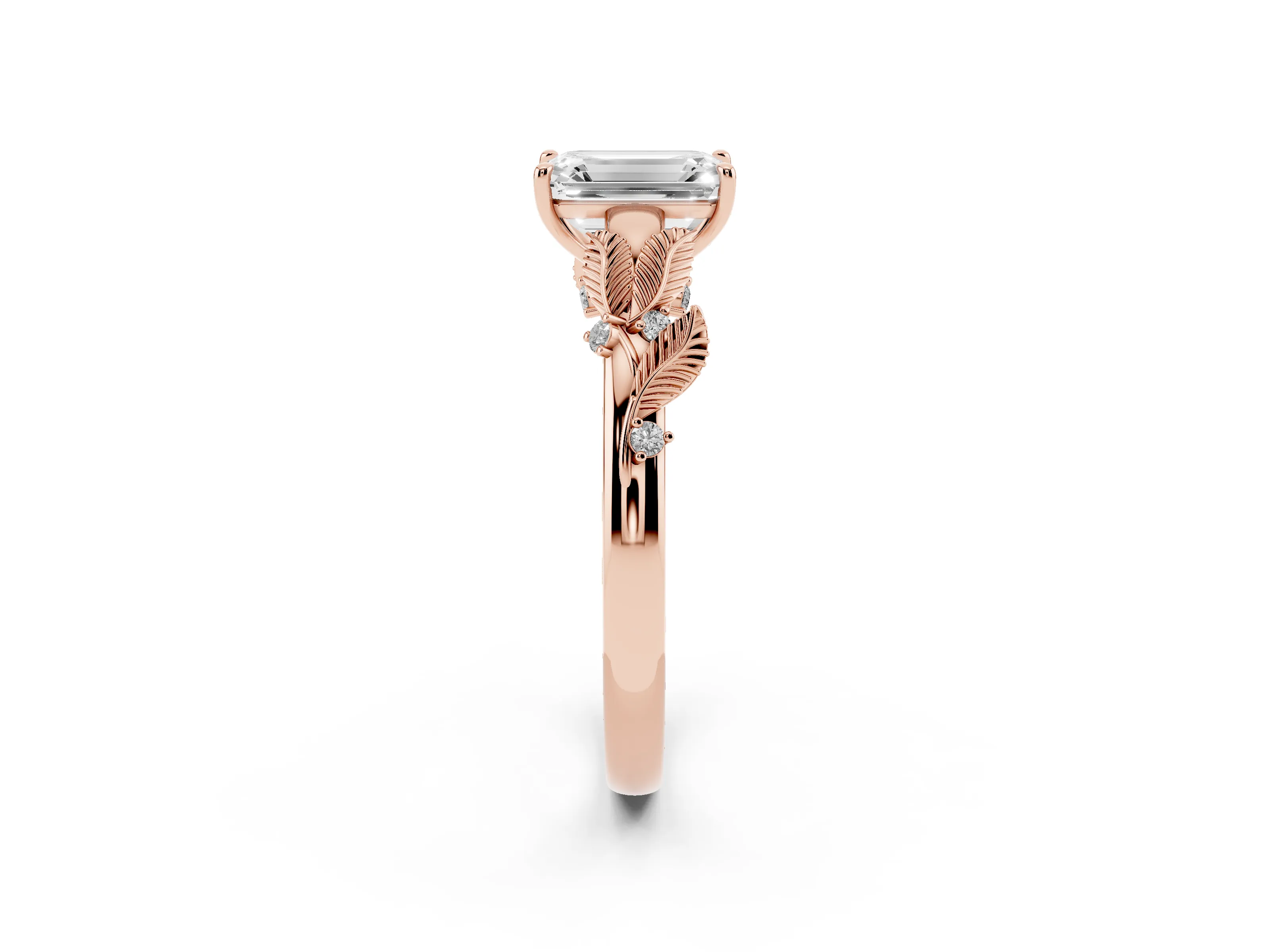 Emerald Cut Diamond Solitaire Ring Set in Rose gold with Leaf Motif Band