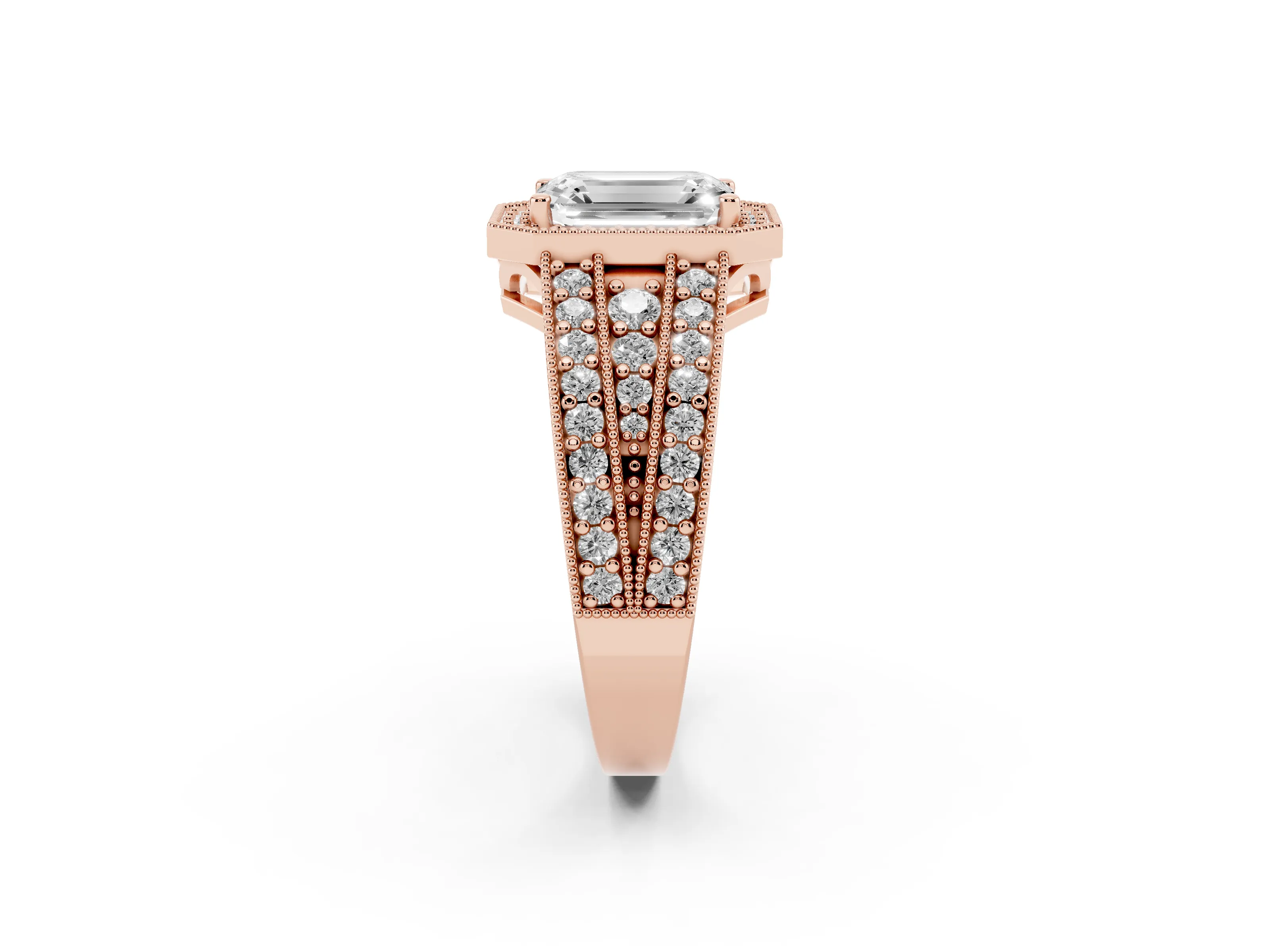 Emerald Cut Diamond Halo Ring Set in Rose gold with Accent Split Shank and Prong Setting