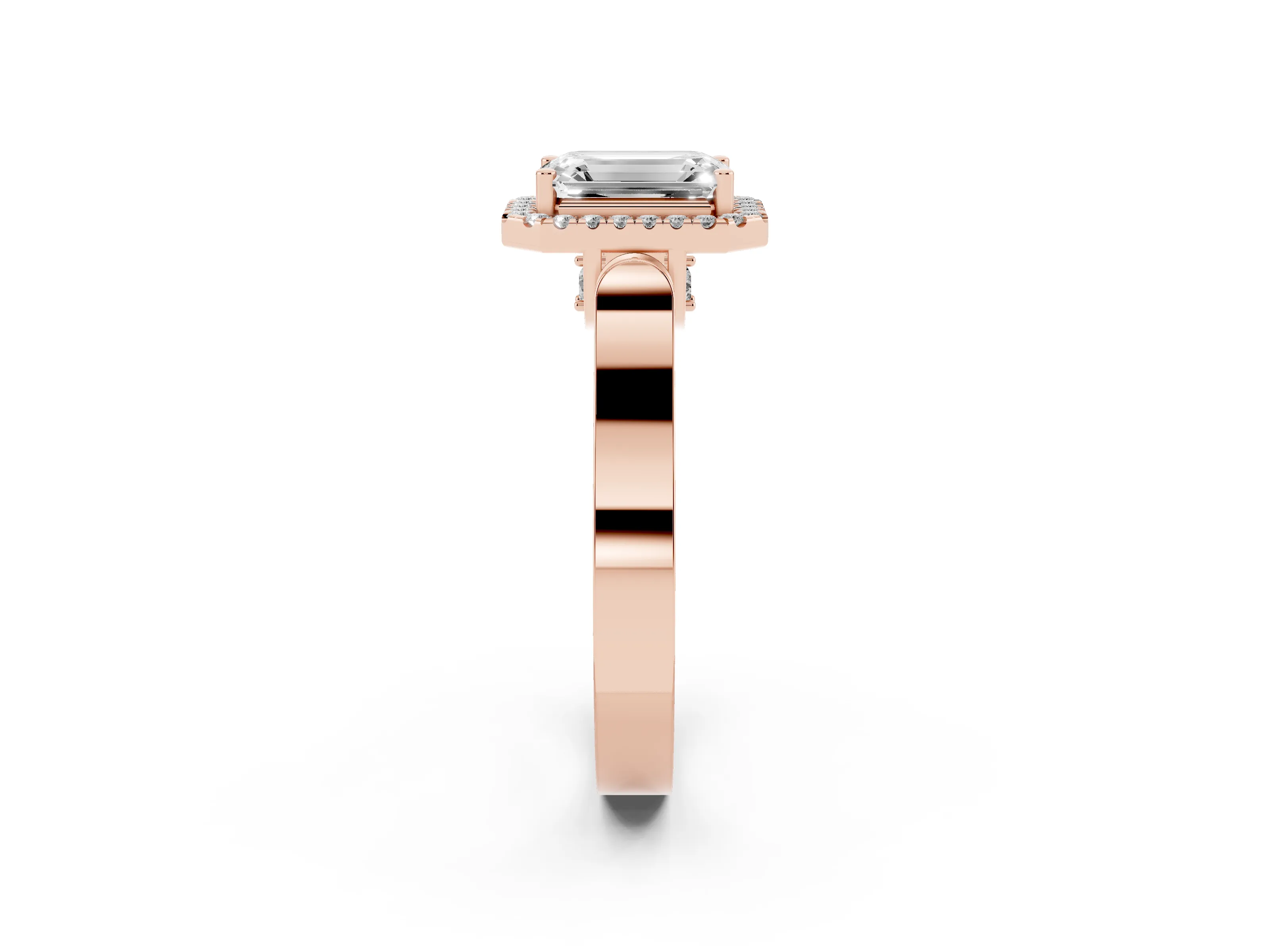 Emerald Cut Diamond Halo Ring Set in Rose gold with Pavé-Lined Split Shank Band