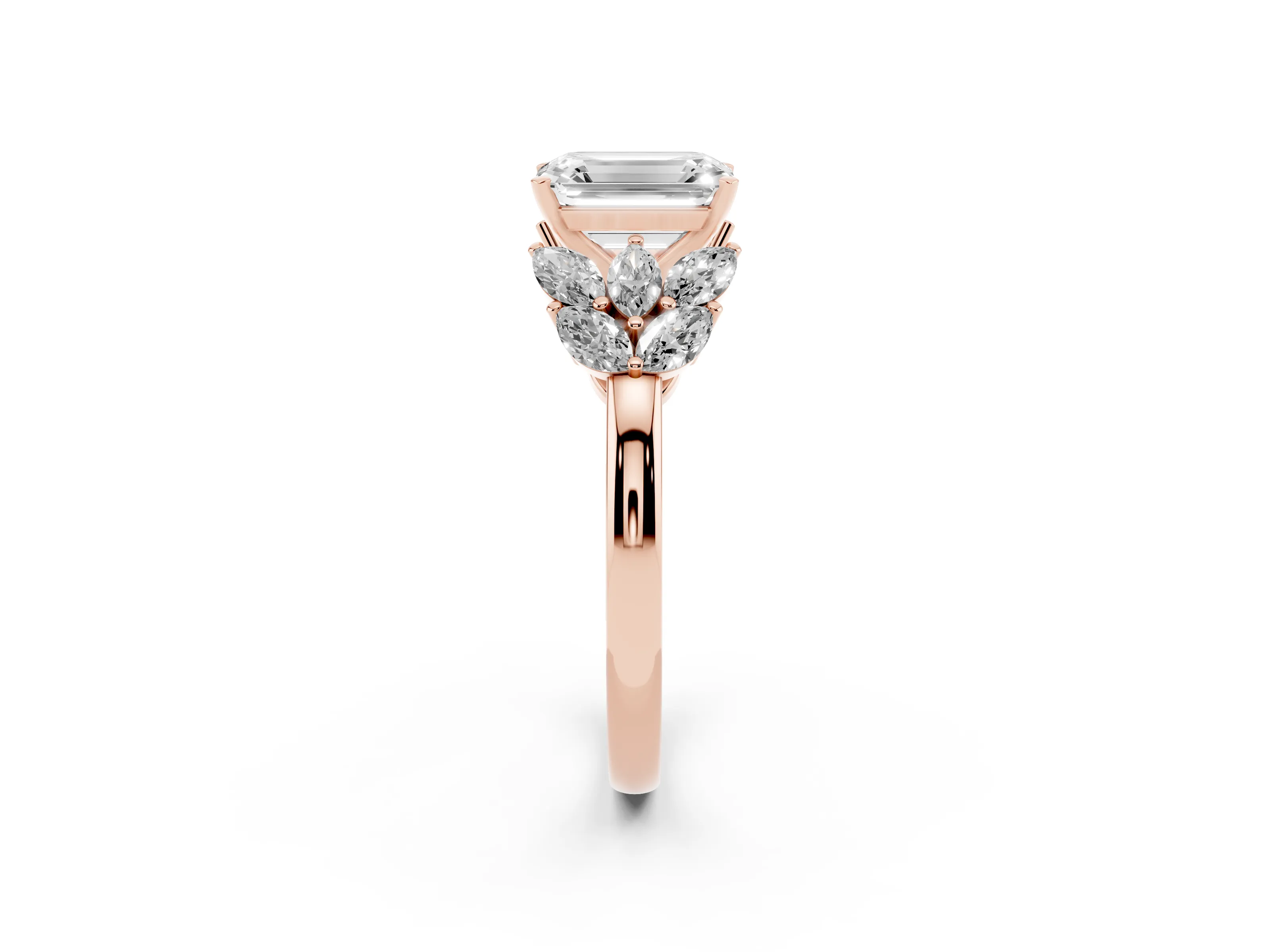 Emerald Cut Diamond Cluster Leaf Design Ring Set in Rose gold with Prong Setting