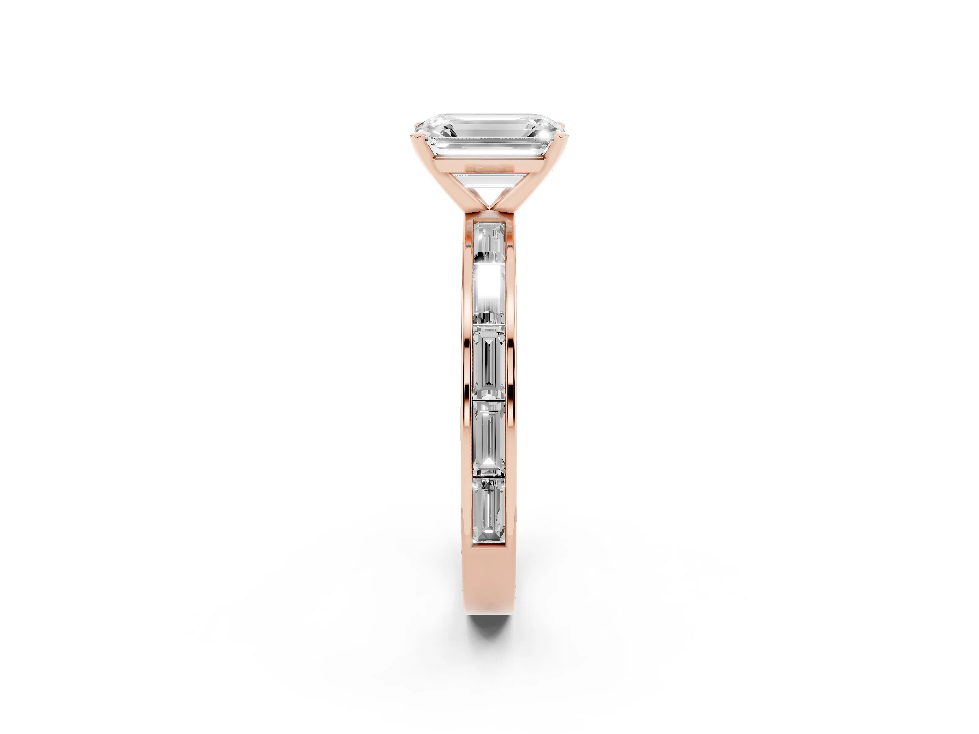 Emerald Cut Diamond Solitaire Ring Set in Rose gold with Channel-Set Baguette Band and Prong Setting