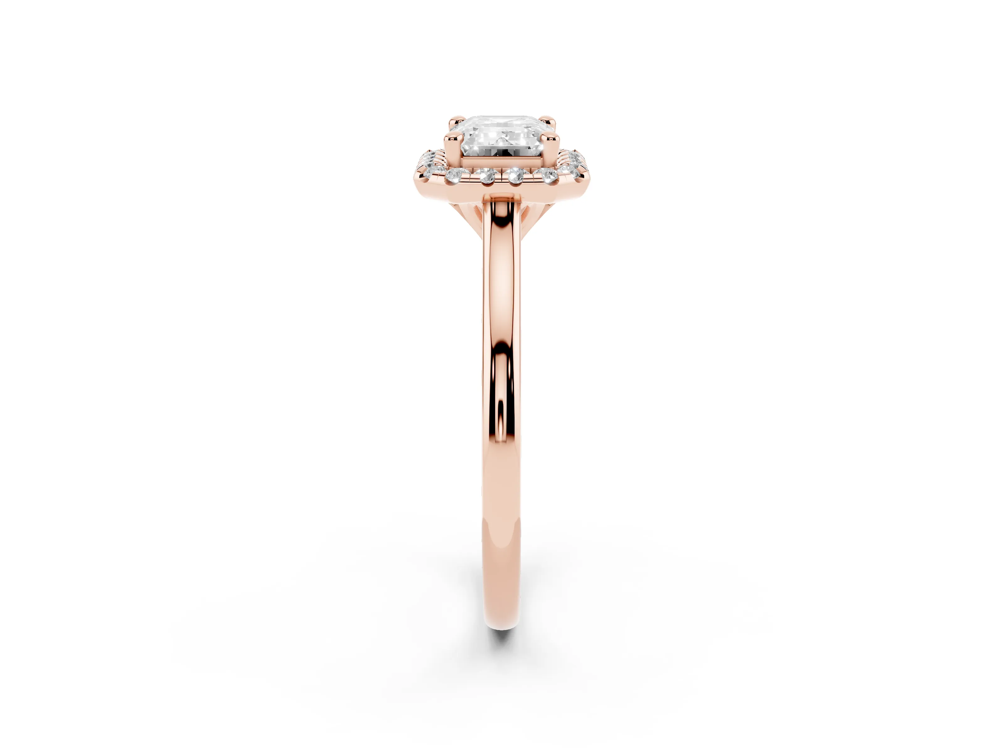 Emerald Cut Diamond Halo Engagement Ring Set in Rose gold with Pavé Band and Rising Shoulders