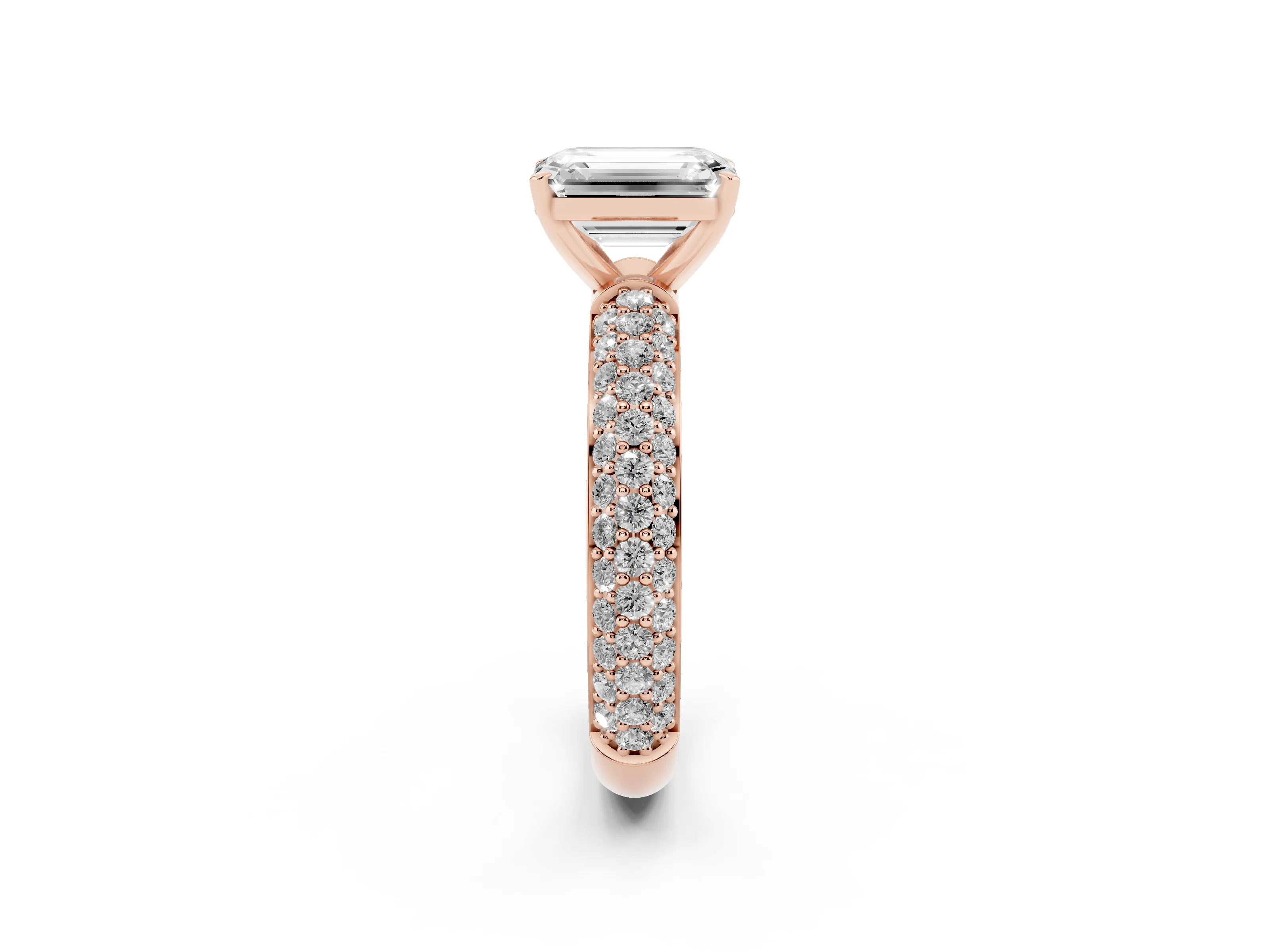 Emerald Cut Diamond Solitaire Ring Set in Rose gold with Prong Setting and Pavé-Set Band