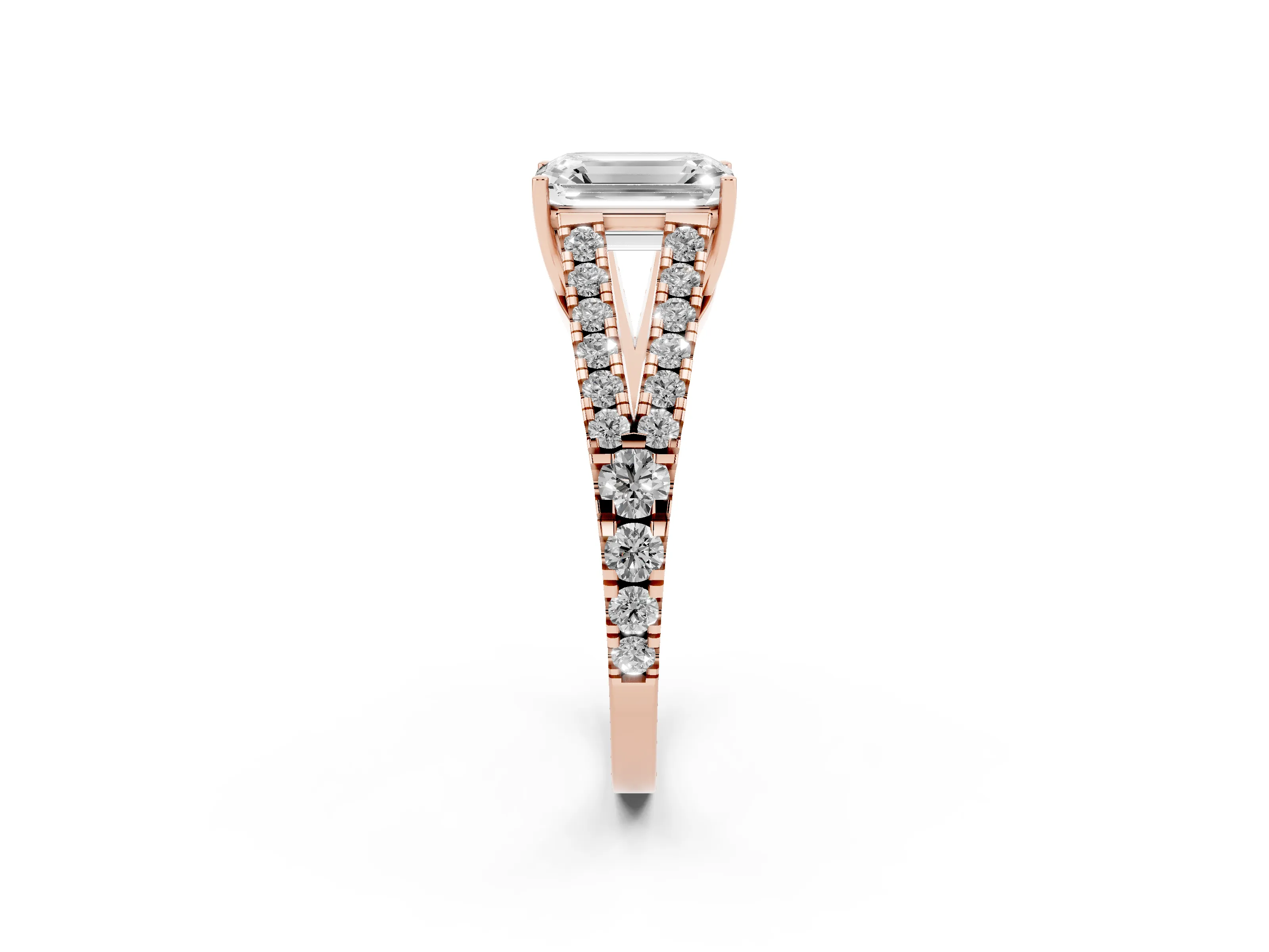 Emerald Cut Diamond Split Shank Pavé Engagement Ring Set in Rose gold with Prong-Held Center Stone