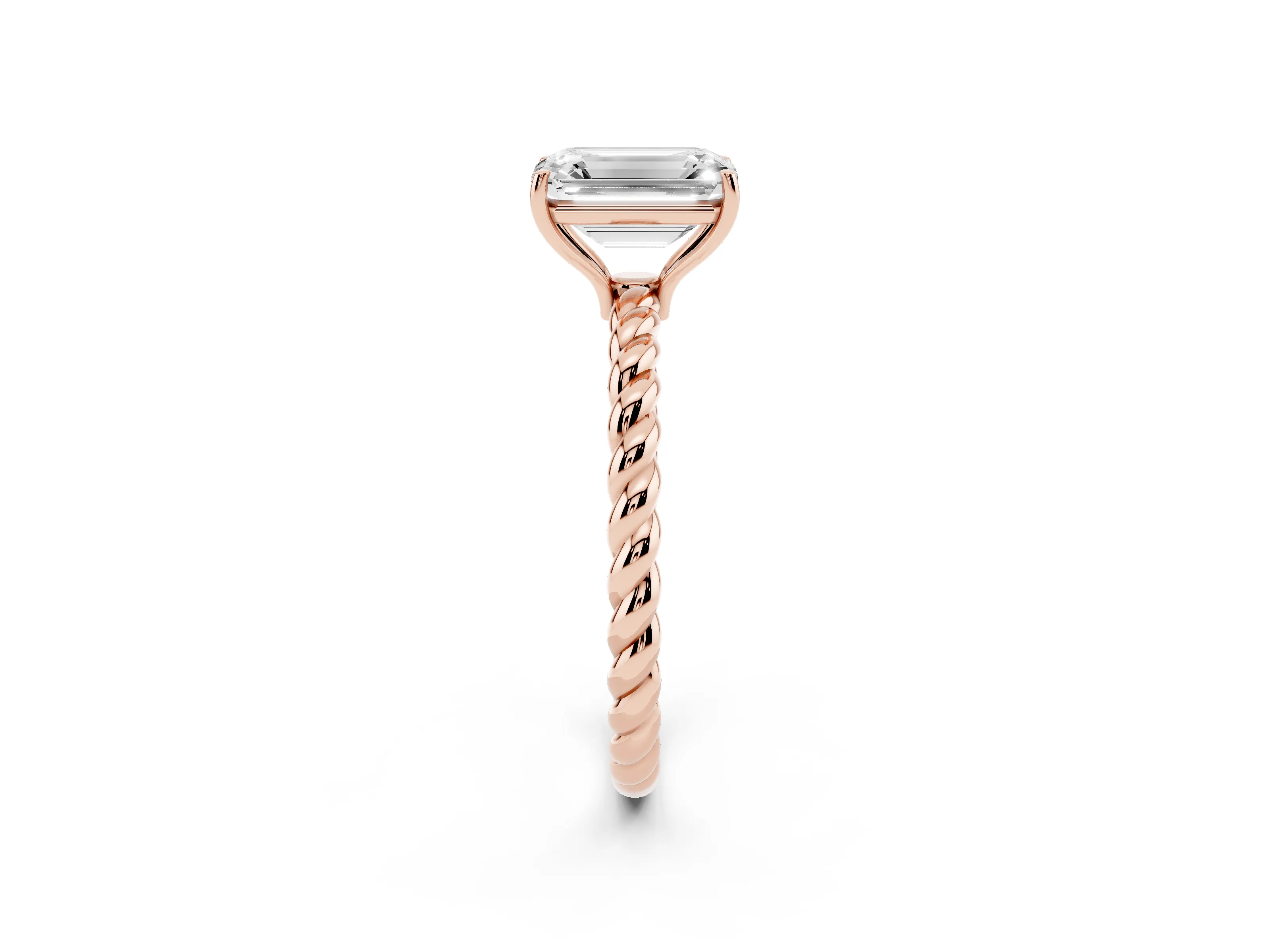 Emerald Cut Diamond Solitaire Ring Set in Rose gold with Twist Band and Prong Setting