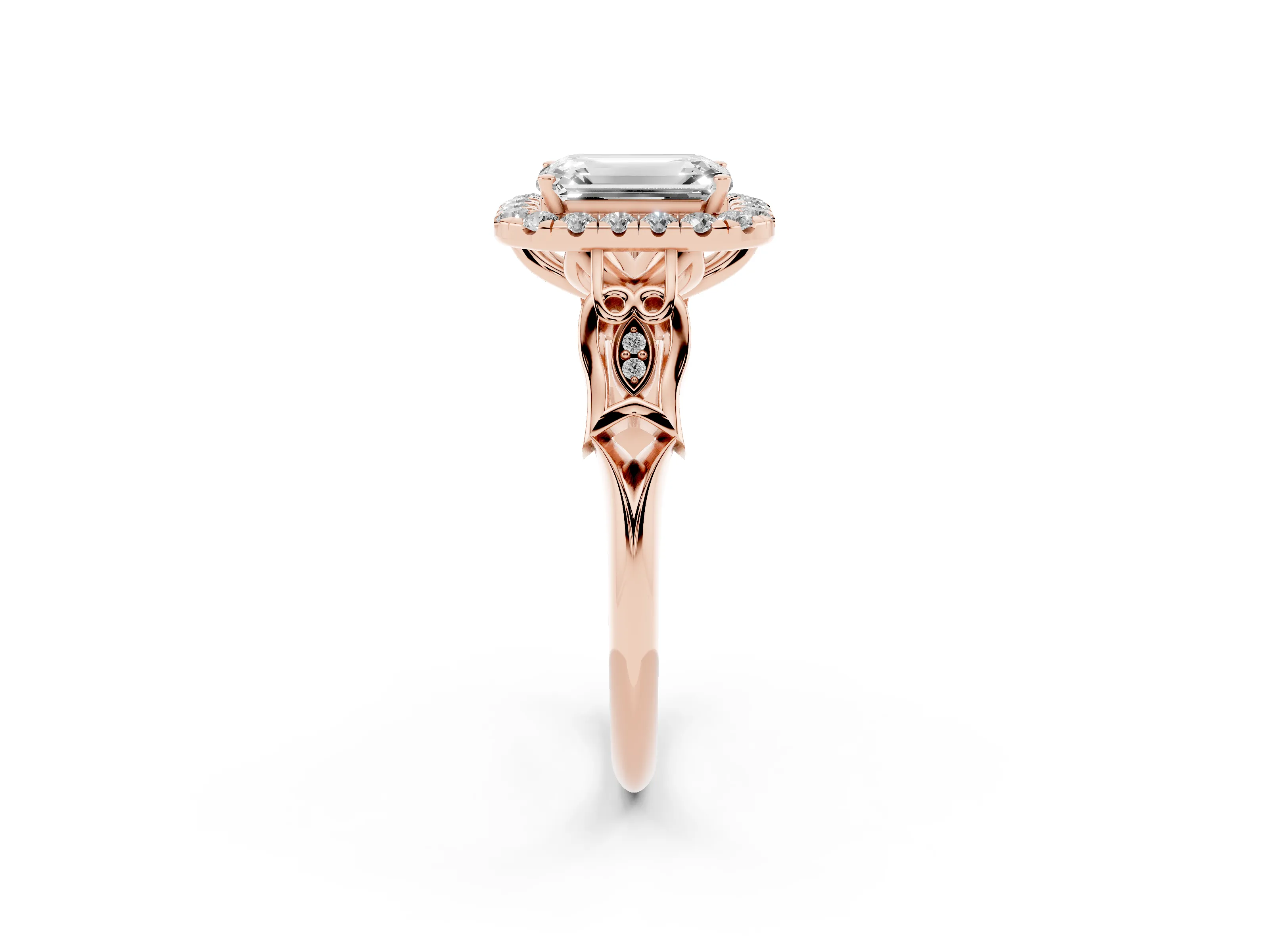 Emerald Cut Diamond Halo Engagement Ring Set in Rose gold with Filigree Band and Prong-Set Center
