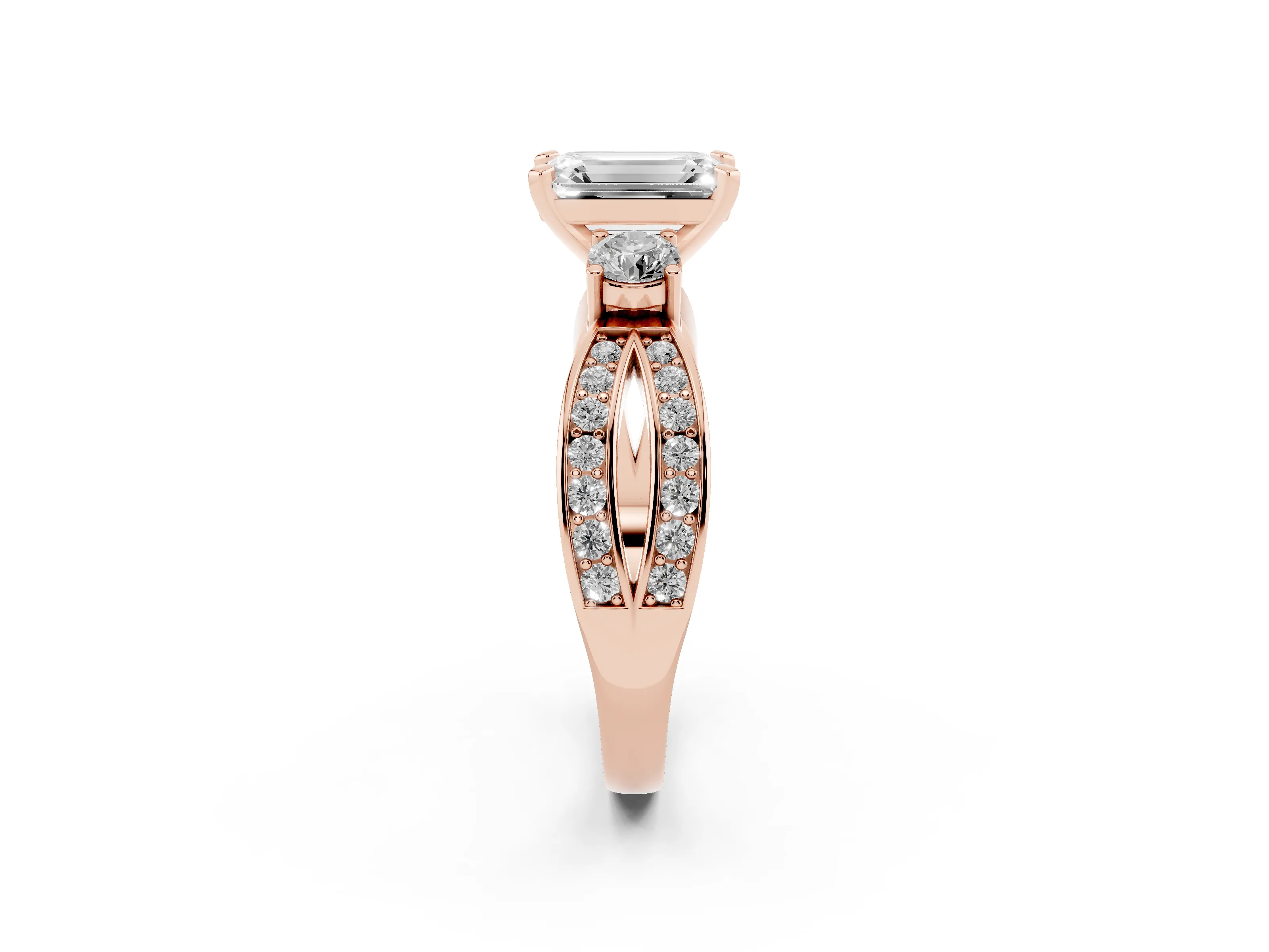 Three-Stone Emerald Cut Diamond Twist Band Ring Set in Rose gold with Pavé Accents and Prong Setting