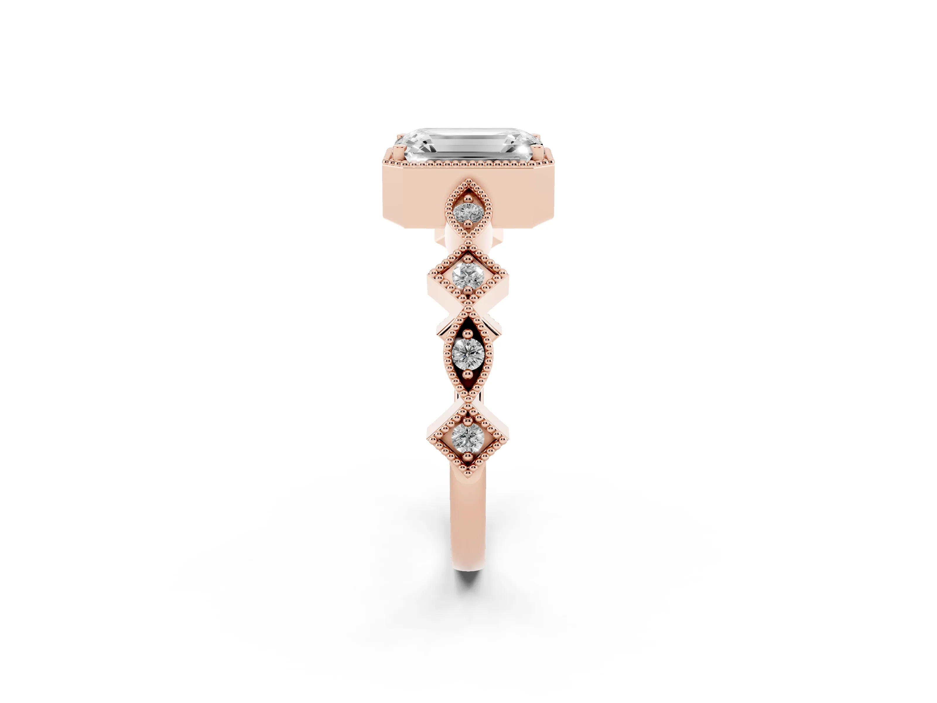 Emerald Cut Diamond Milgrain Marquise Twist Band Ring Set in Rose gold with Prong Setting