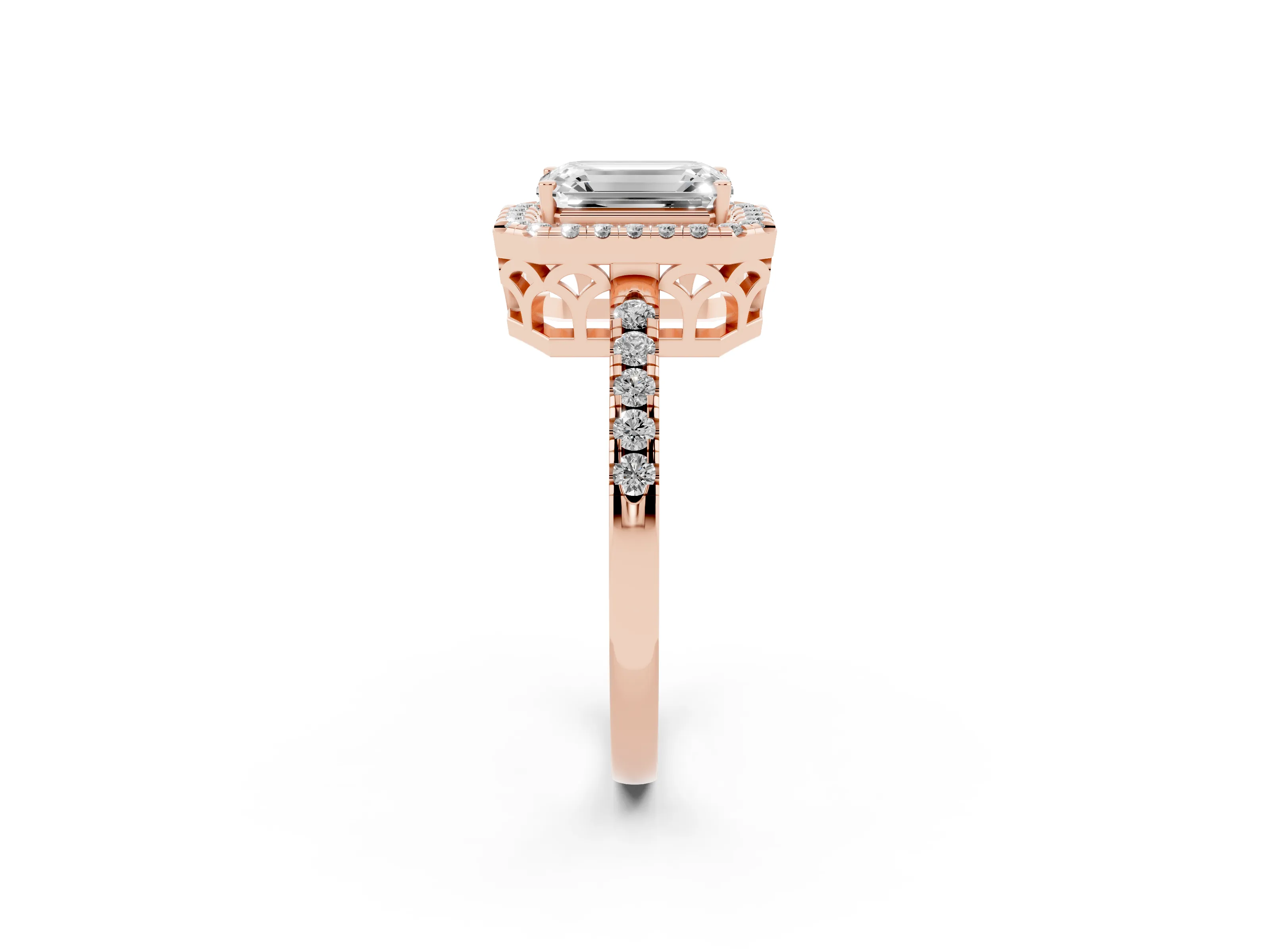Emerald Cut Diamond Pavé Band Halo Engagement Ring Set in Rose gold with Prong Setting