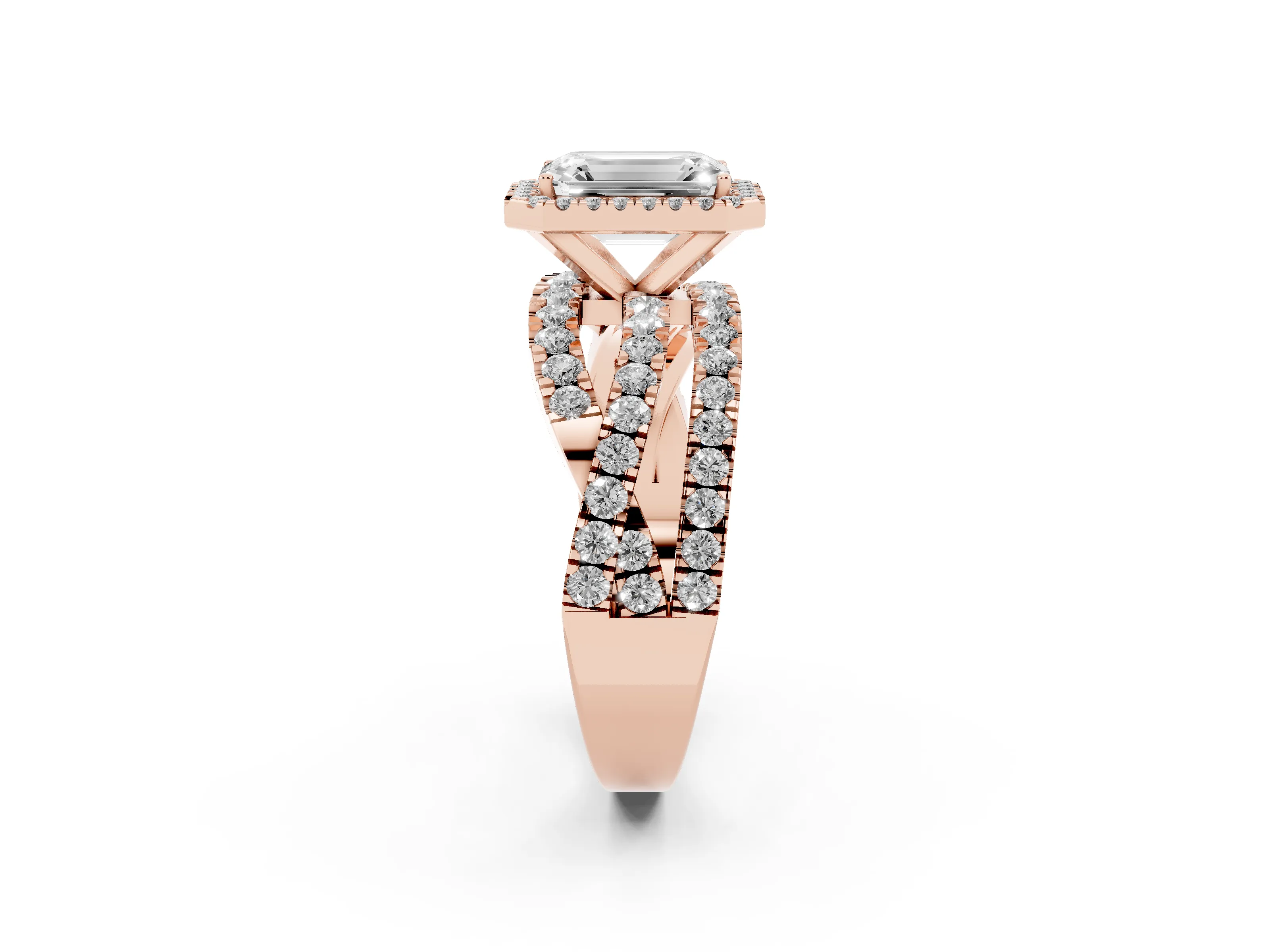 Emerald Cut Diamond Halo Ring Set in Rose gold with Round Crossover Split Shank and Prong Setting