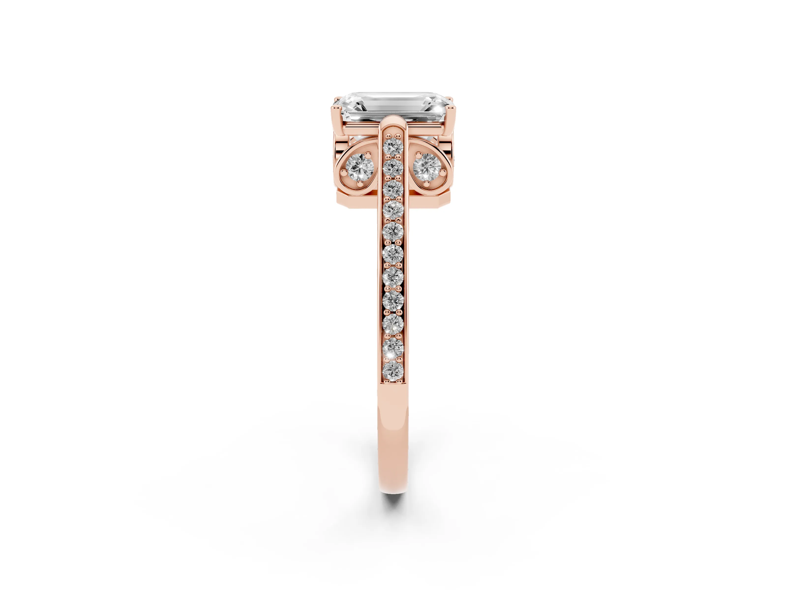 Emerald Cut Diamond Cathedral Pavé Engagement Ring Set in Rose gold with Prong Setting