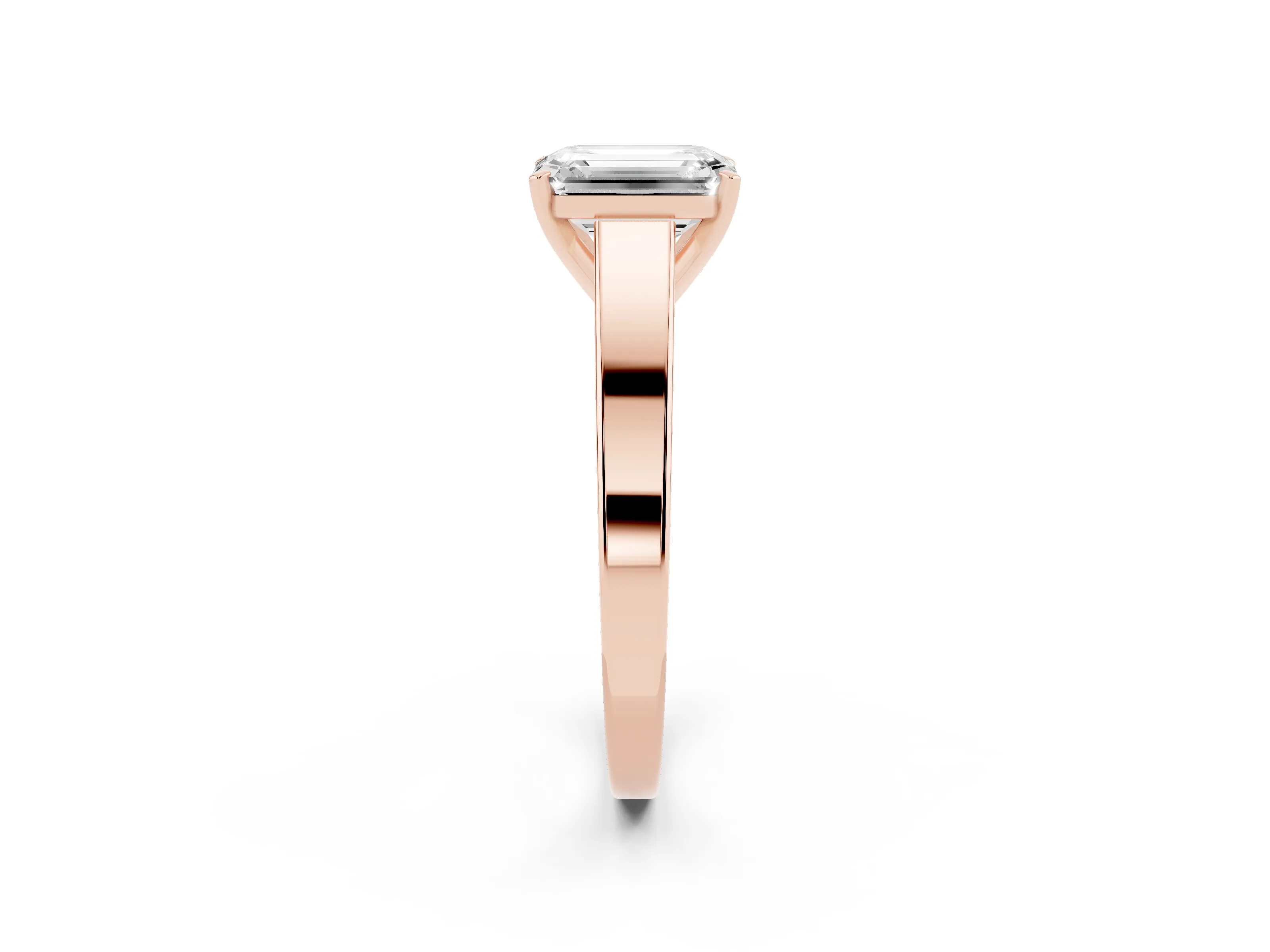 Emerald Cut Diamond Solitaire Engagement Ring Set in Rose gold with Prong Setting and Tapered Band