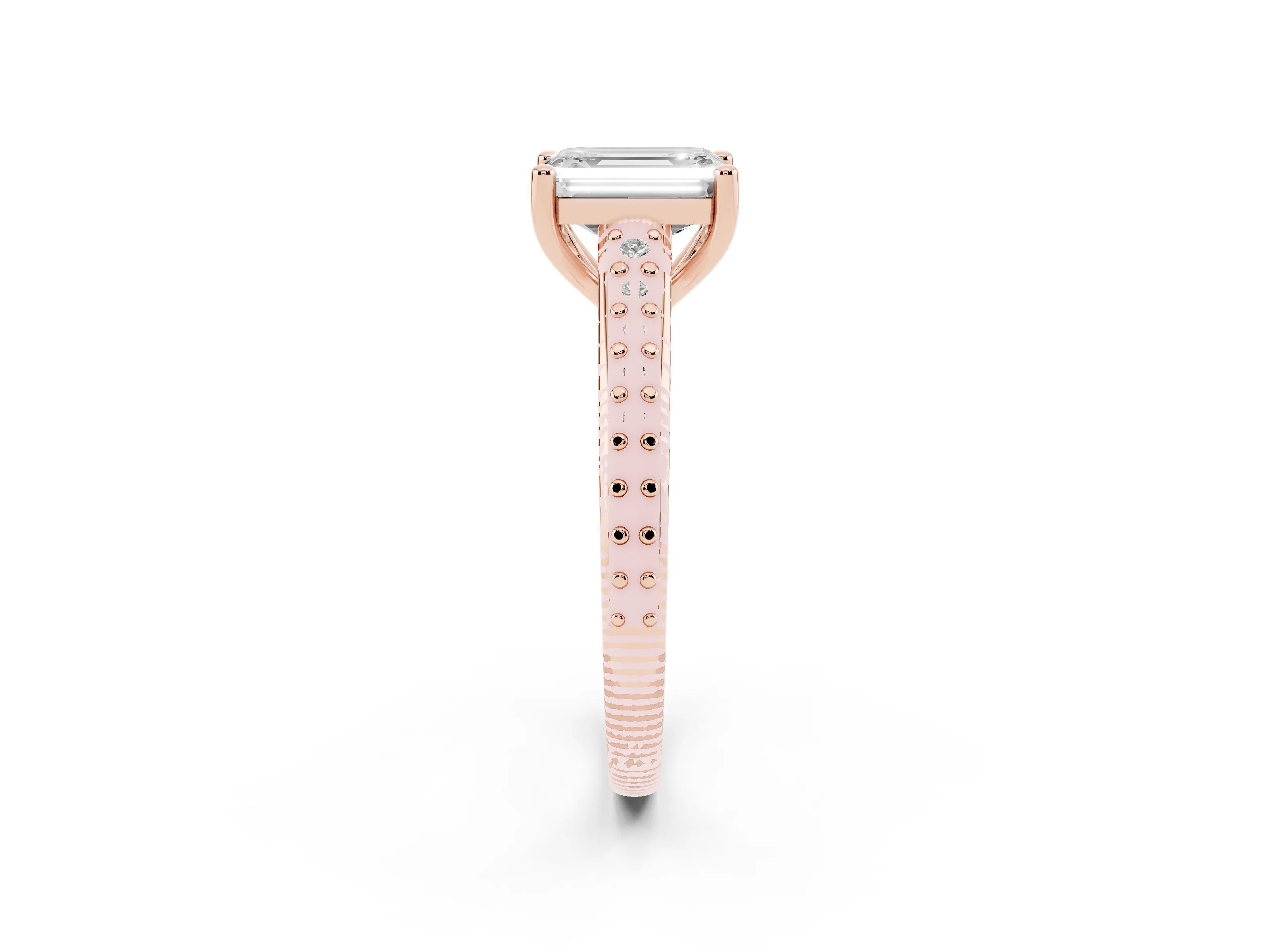 Emerald Cut Diamond Prong Set Solitaire Engagement Ring Set in Rose gold with Pavé Band