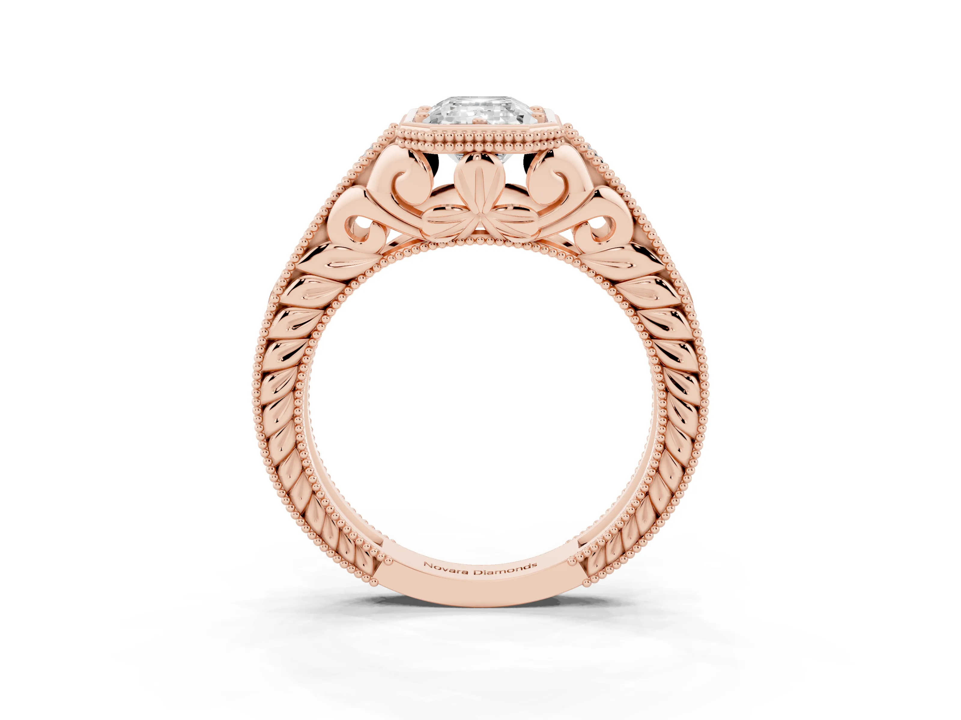 Bezel Set Emerald Cut Diamond Milgrain Pavé Engagement Ring Set in Rose gold