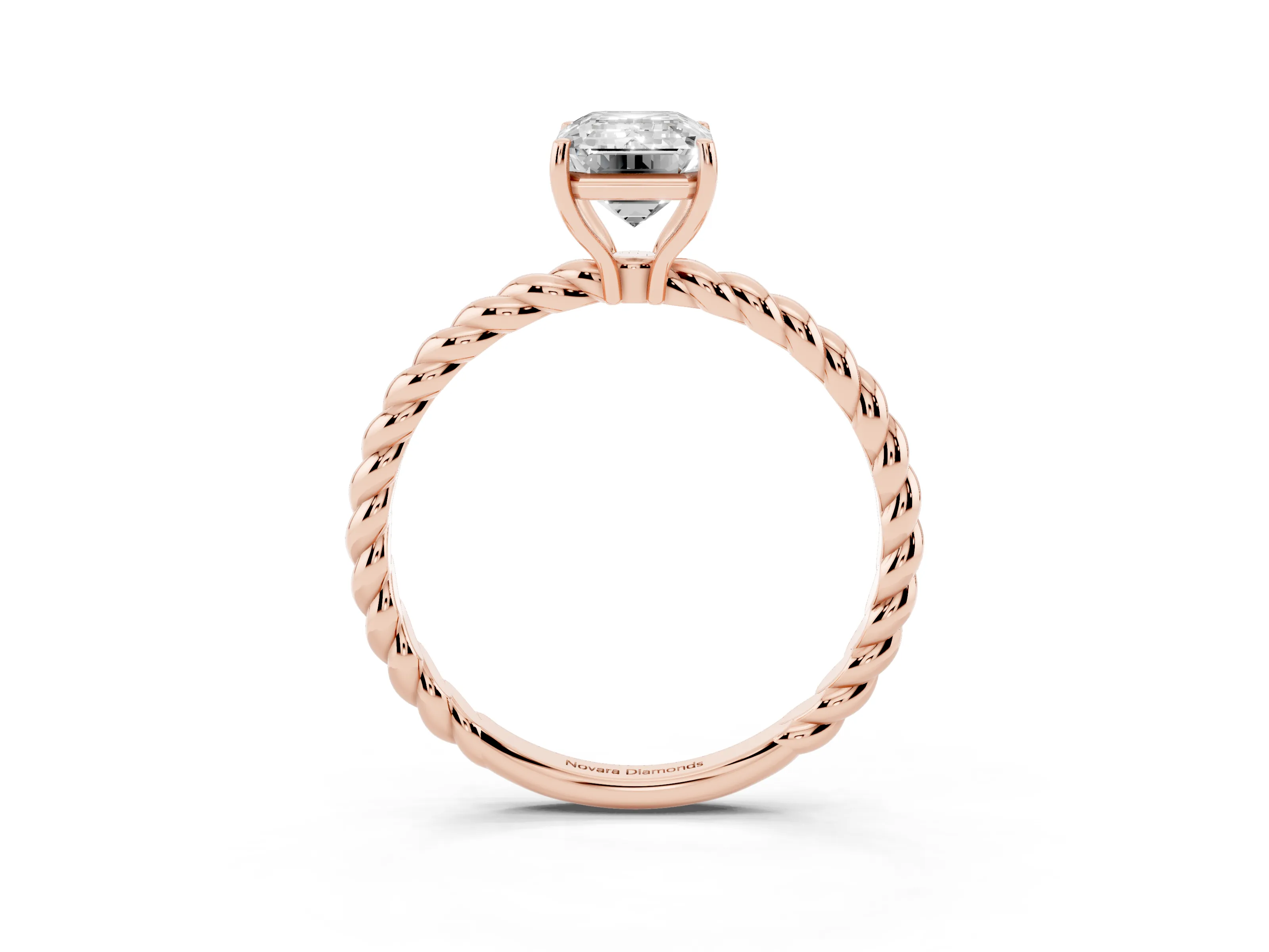 Emerald Cut Diamond Solitaire Ring Set in Rose gold with Twist Band and Prong Setting