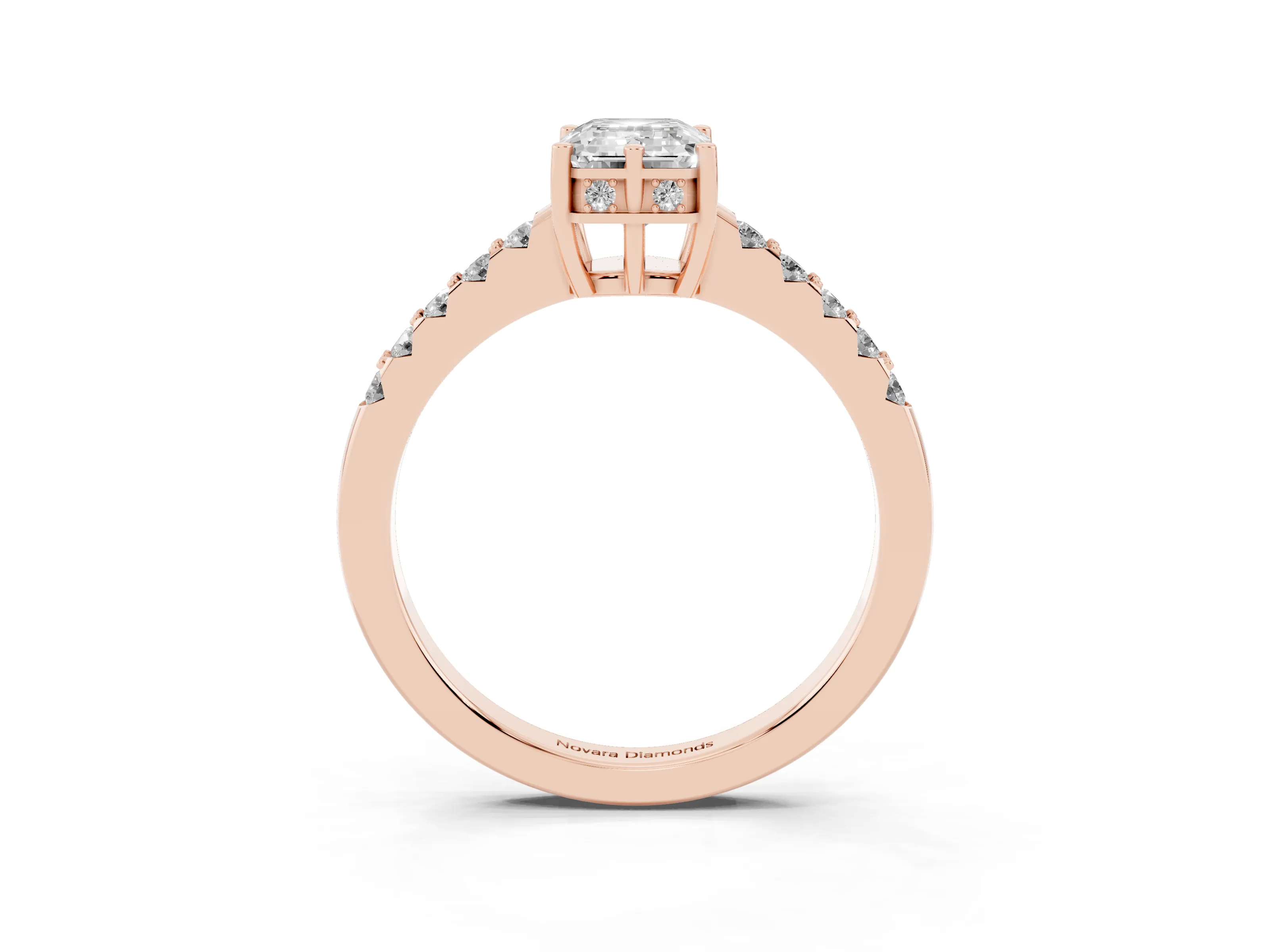 Emerald Cut Diamond Solitaire Engagement Ring Set in Rose gold with Pavé Band and Prong Setting