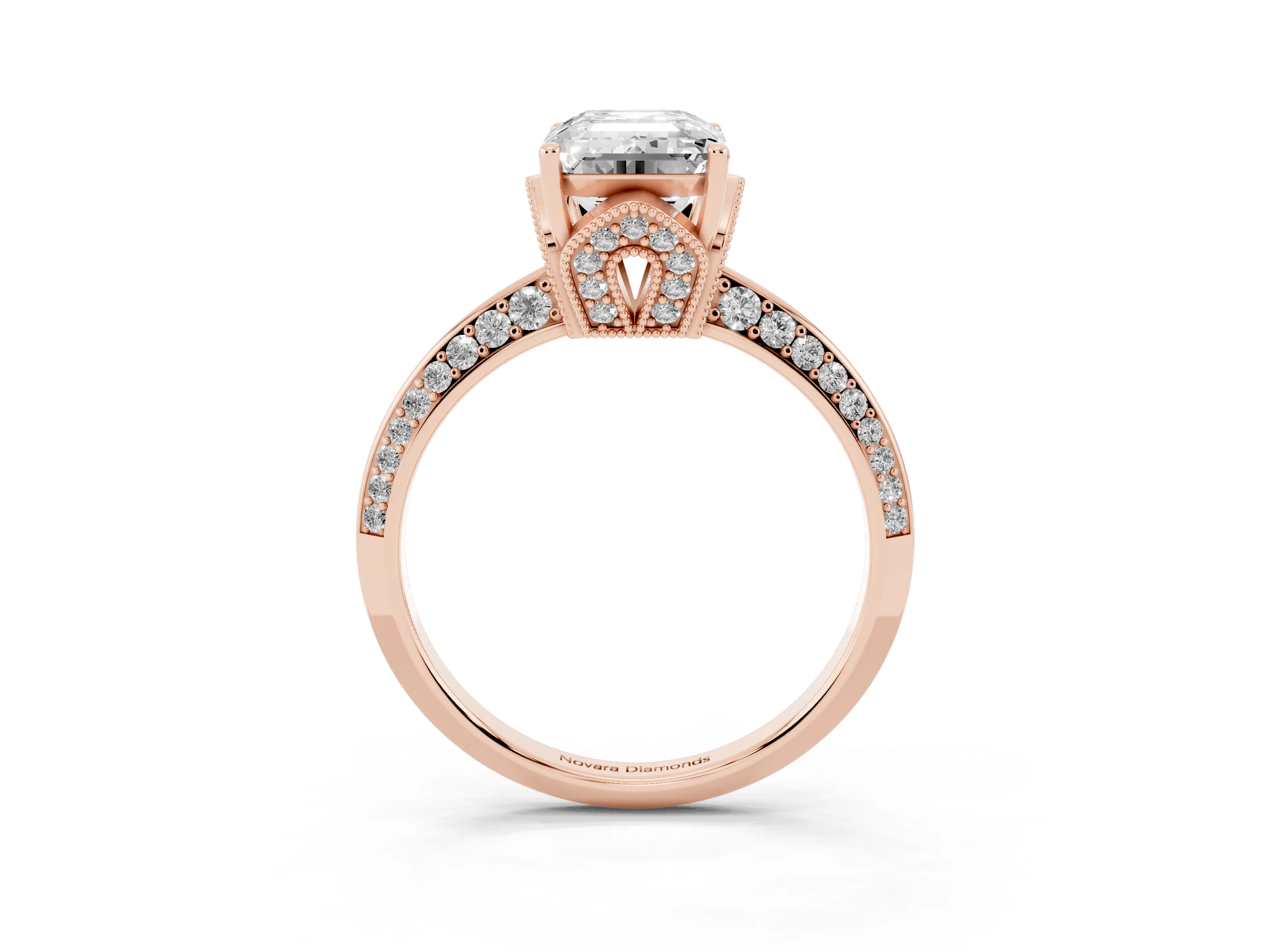 Emerald Cut Diamond Solitaire Engagement Ring Set in Rose gold with Pavé Split Shank and Prong Setting