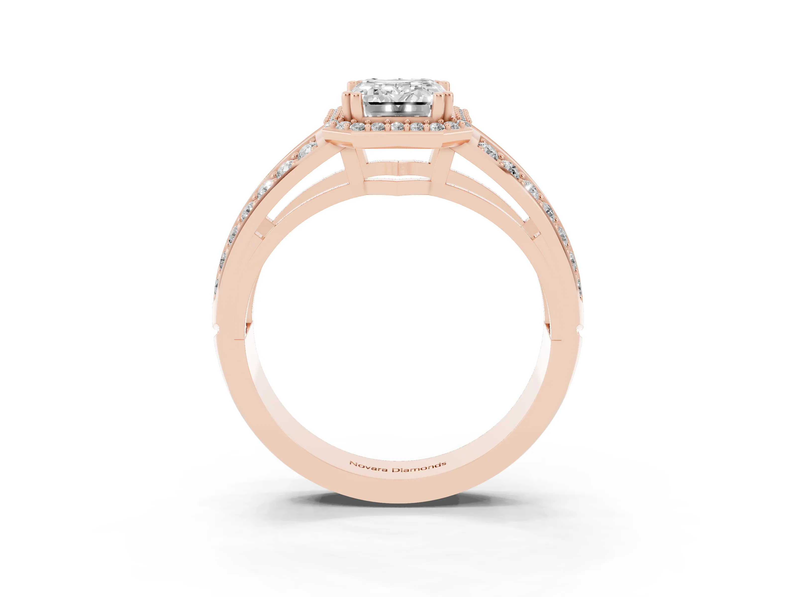 Emerald Cut Diamond Halo Ring Set in Rose gold with Double Pavé Split Shank