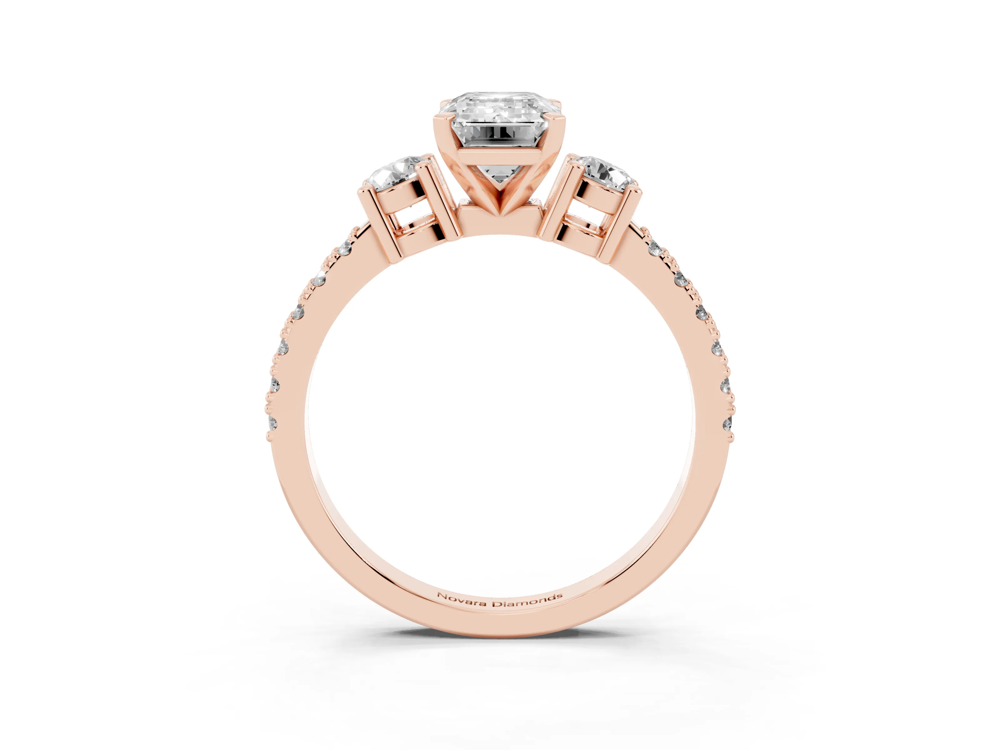 Three-Stone Emerald Cut Diamond Pavé Band Ring Set in Rose gold with Prong Setting