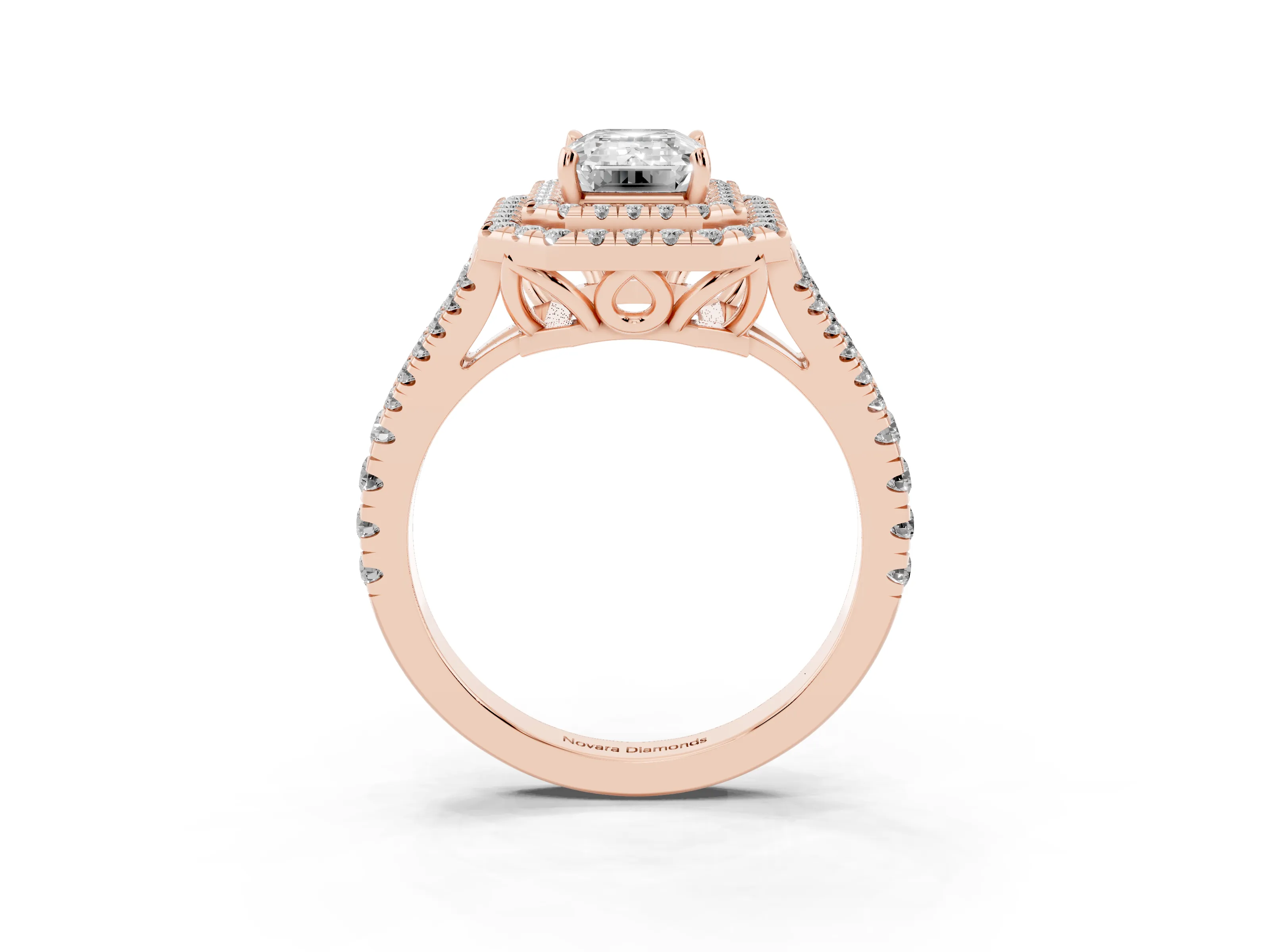 Emerald Cut Diamond Double Halo Ring Set in Rose gold with Pavé Band