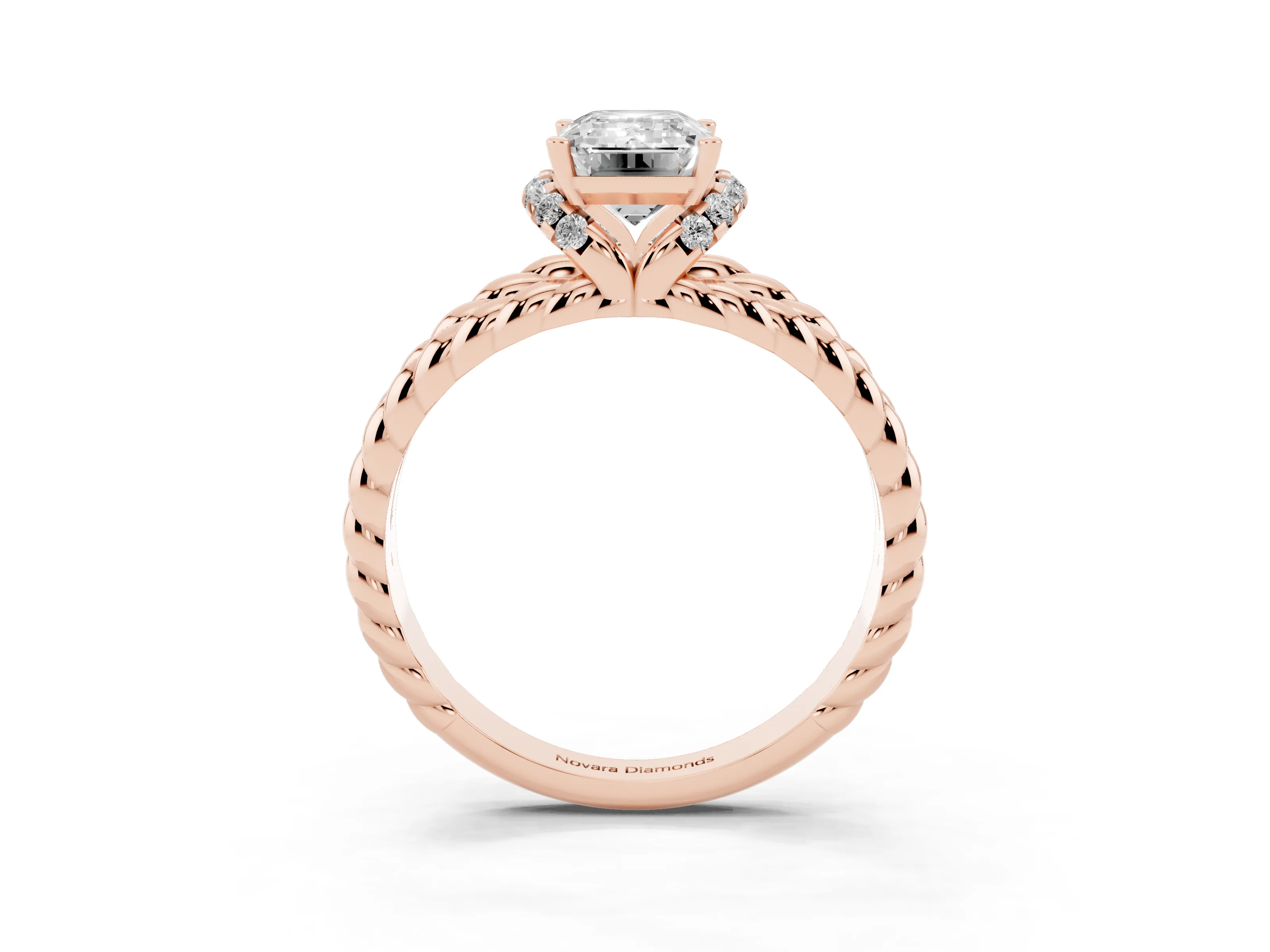 Emerald Cut Diamond Halo Ring Set in Rose gold with Twisted Band and Prong Setting