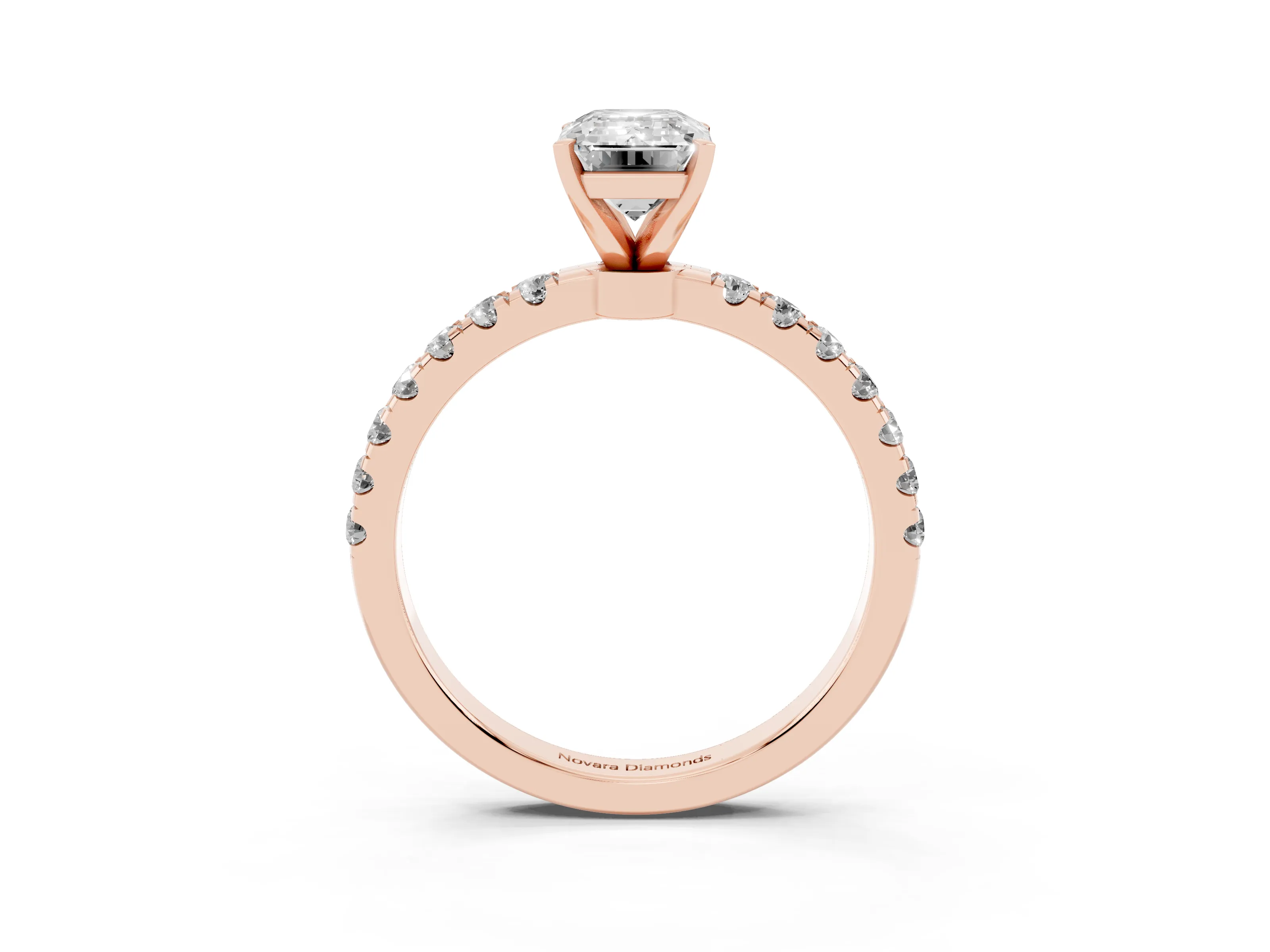 Emerald Cut Diamond Solitaire Ring Set in Rose gold with Pavé Accents and Prong Setting