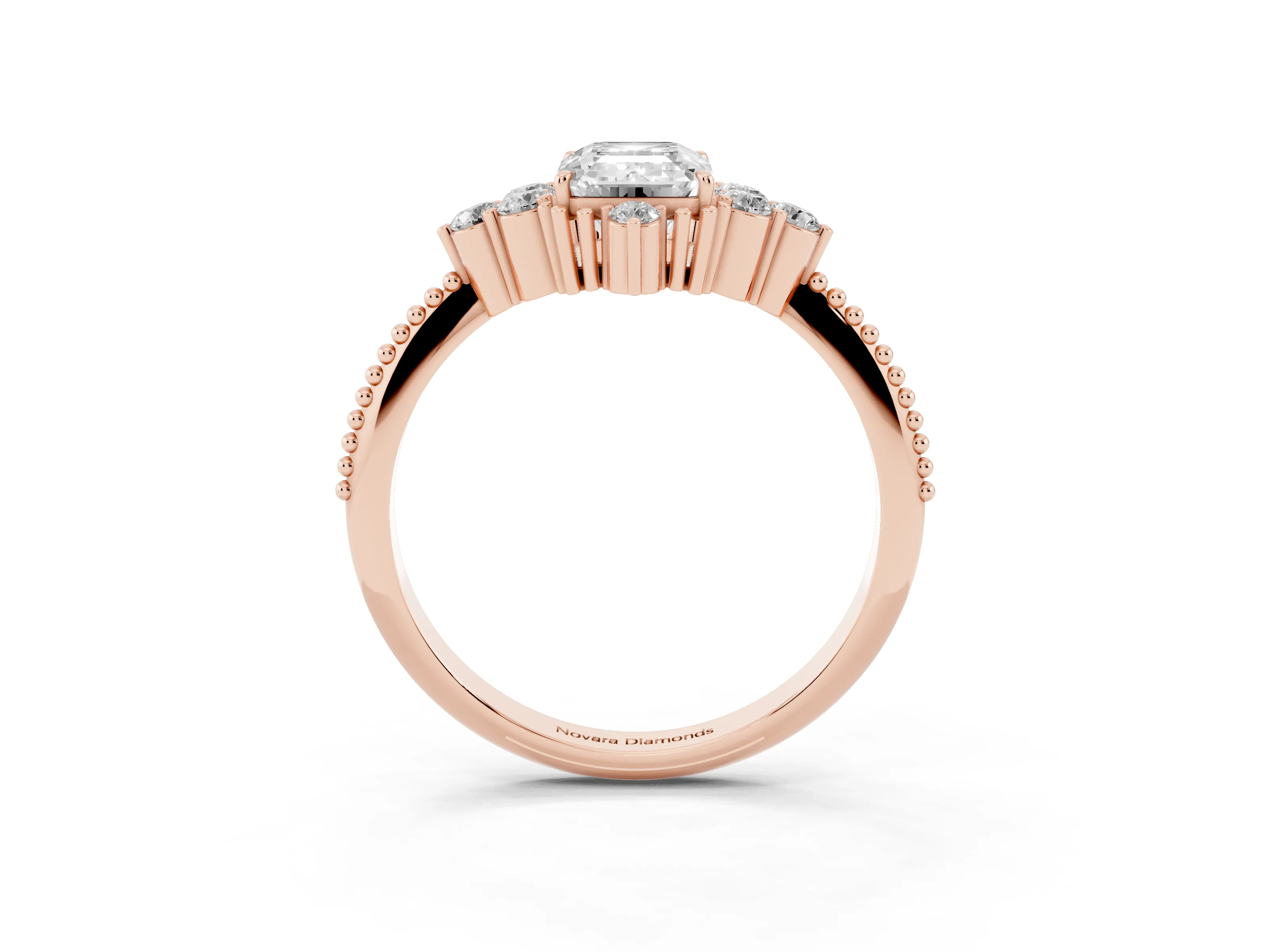 Emerald Cut Diamond Cluster Ring Set in Rose gold with Beaded Band