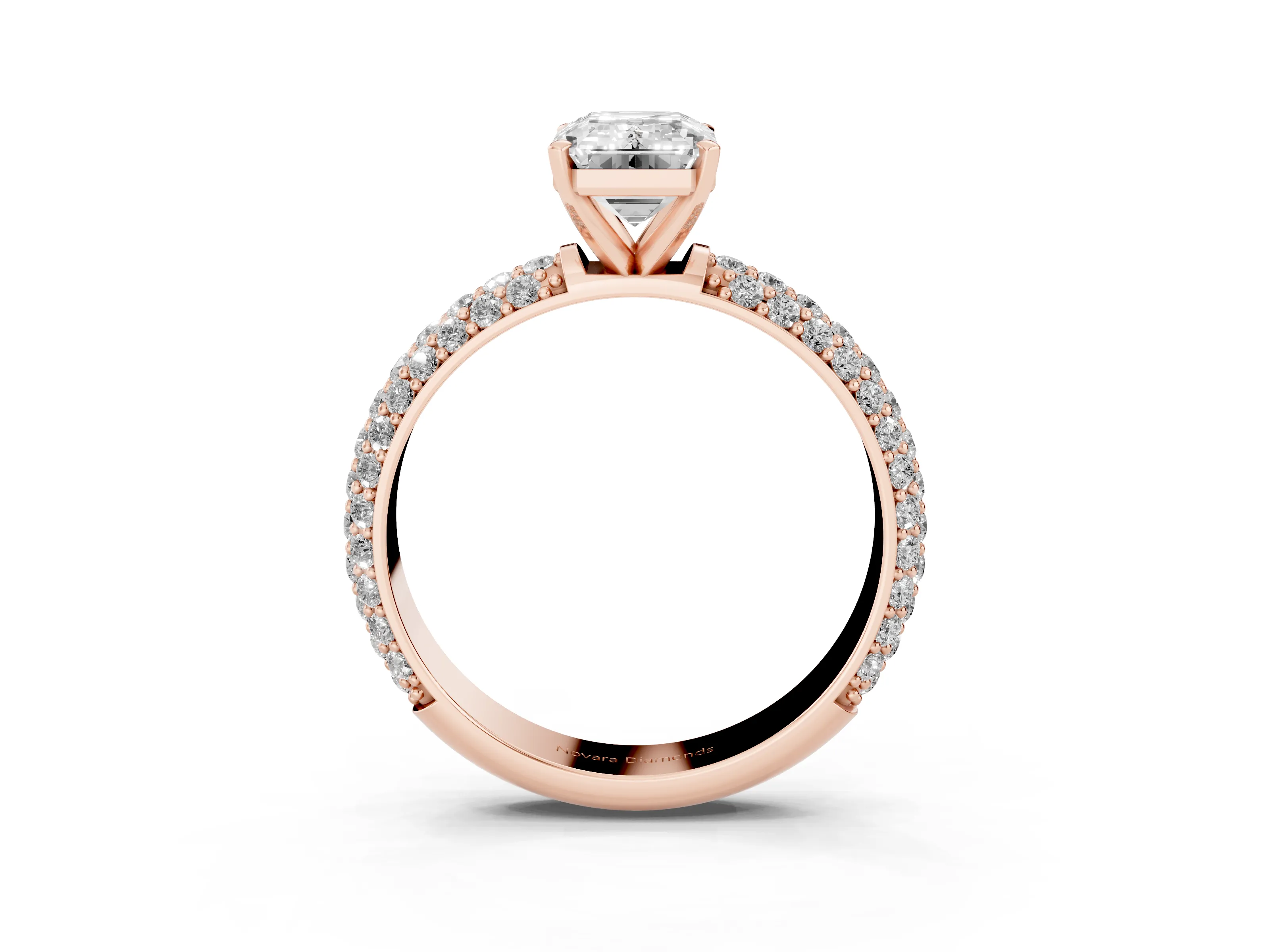 Emerald Cut Diamond Solitaire Ring Set in Rose gold with Prong Setting and Pavé-Set Band