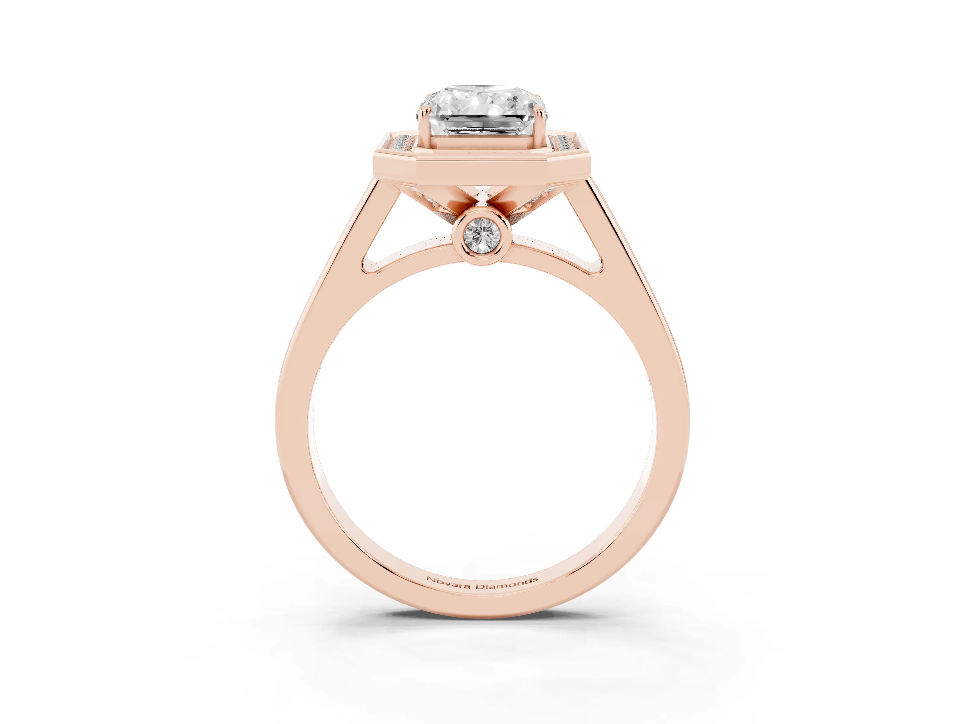 Emerald Cut Diamond Halo Solitaire Ring Set in Rose gold with Pavé Band and Bezel Setting