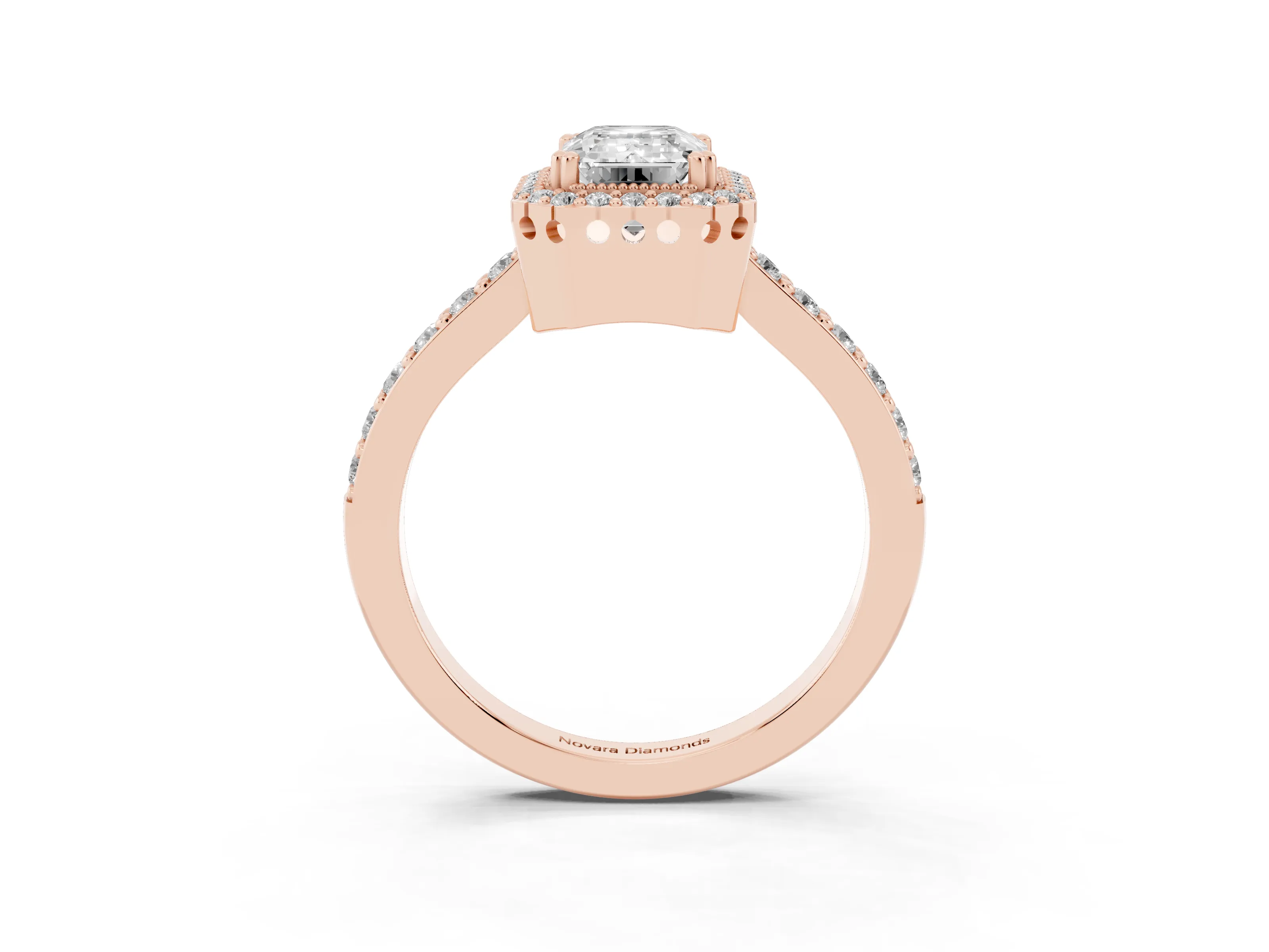Emerald Cut Diamond Halo Engagement Ring Set in Rose gold with Milgrain Detail and Pavé Band