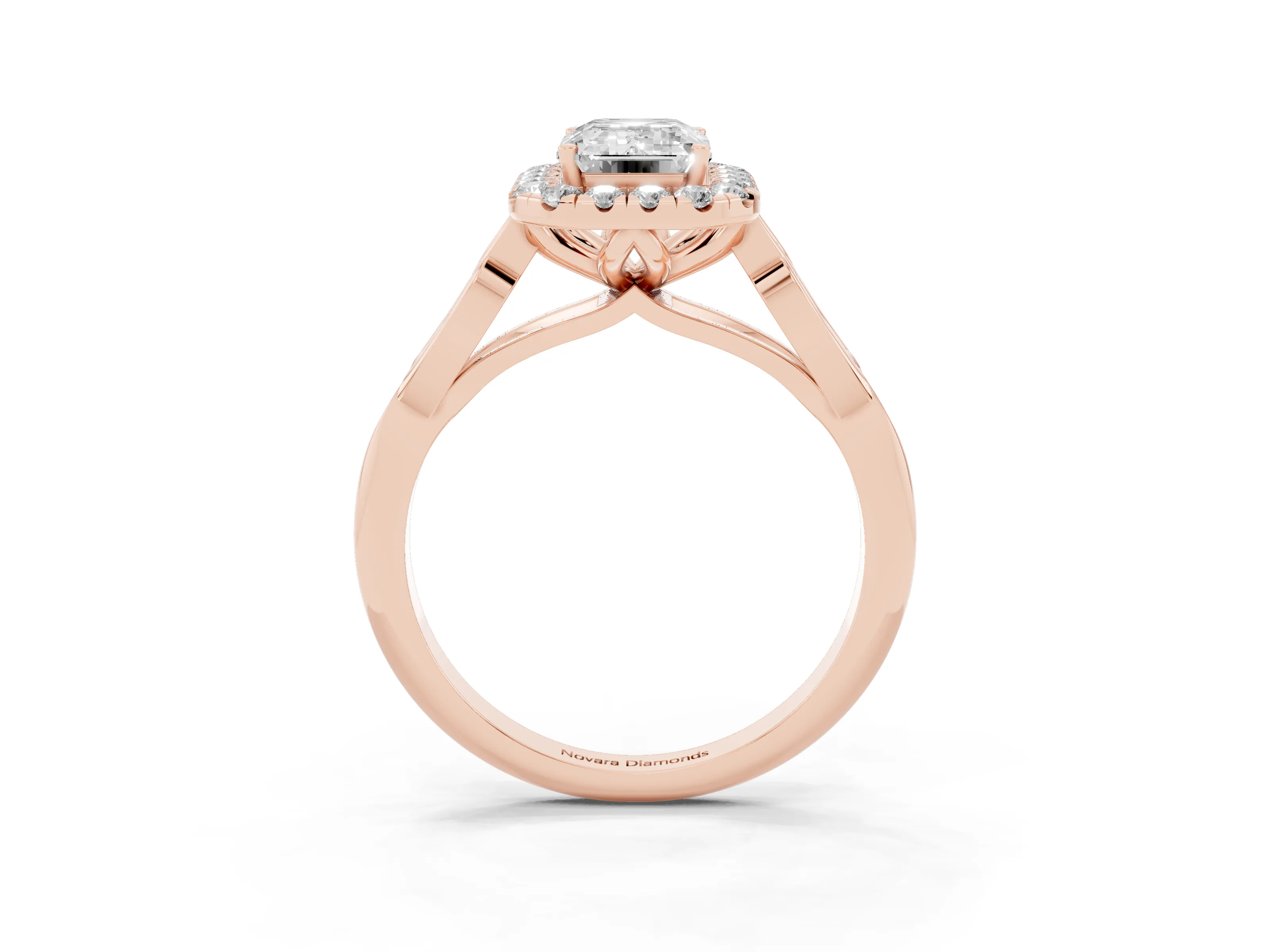 Emerald Cut Diamond Halo Engagement Ring Set in Rose gold with Filigree Band and Prong-Set Center