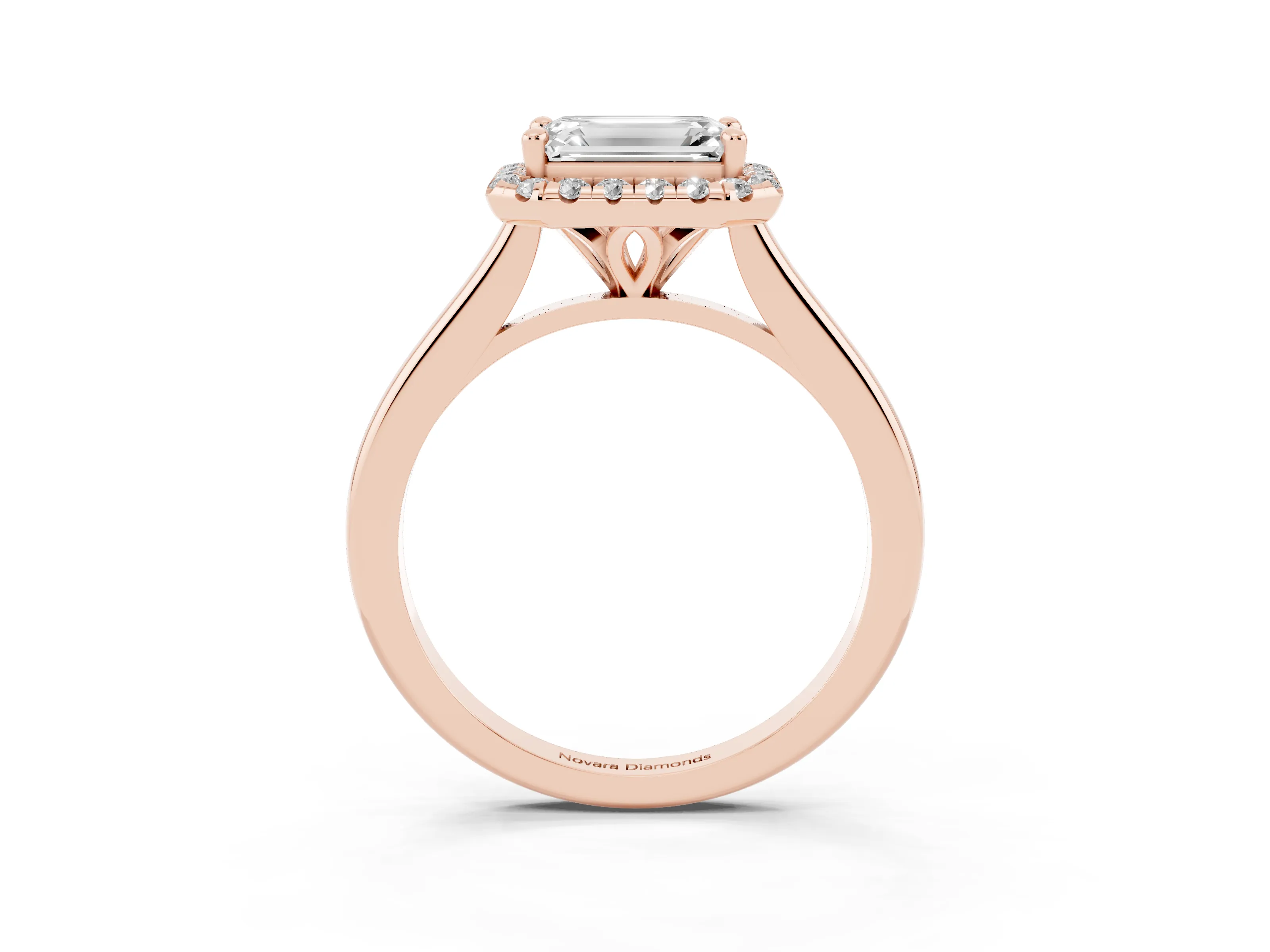 Emerald Cut Diamond Halo Engagement Ring Set in Rose gold with Pavé Band and Rising Shoulders