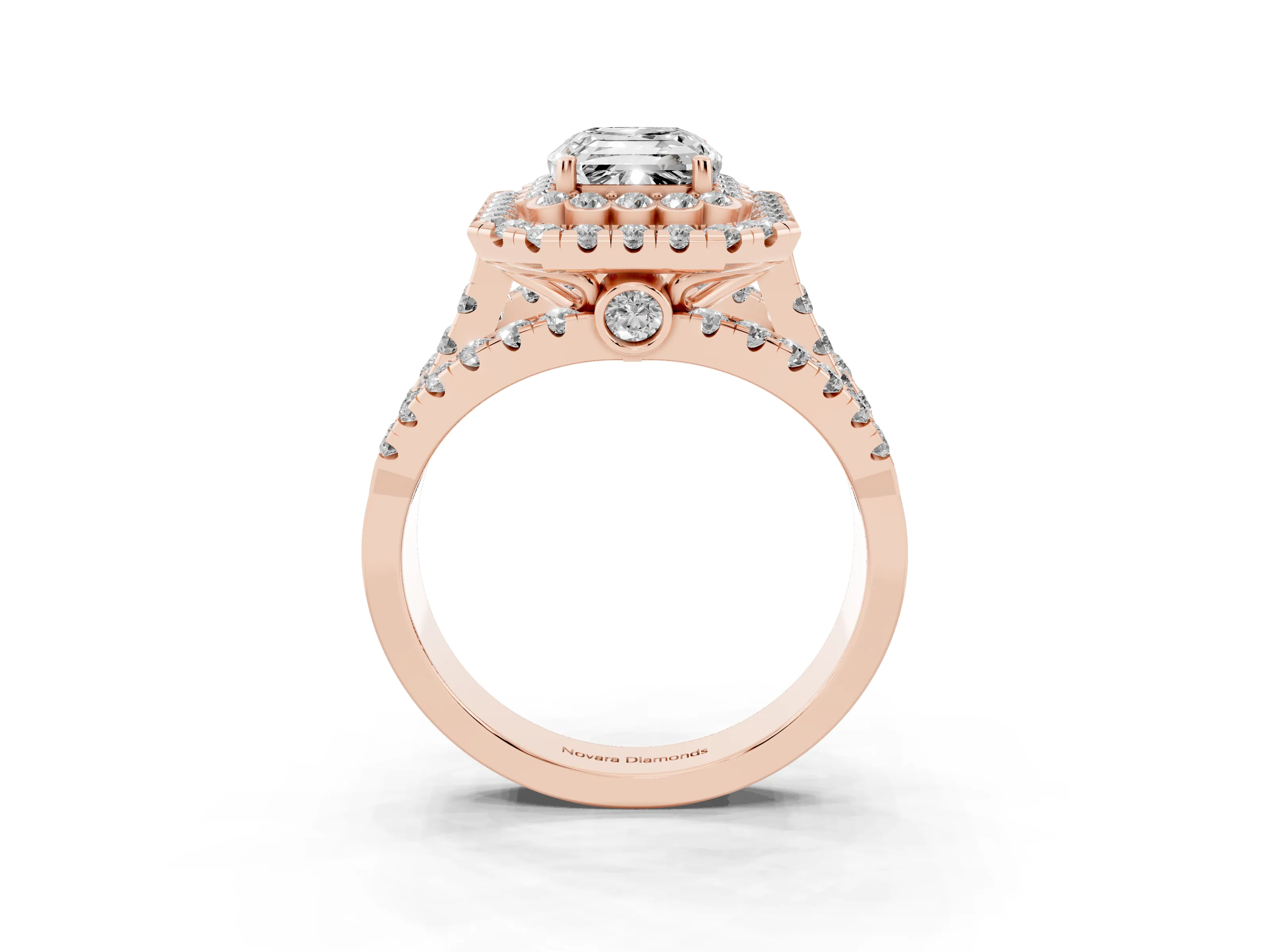 Emerald Cut Diamond Double Halo Ring Set in Rose gold with Round Pavé Split Shank