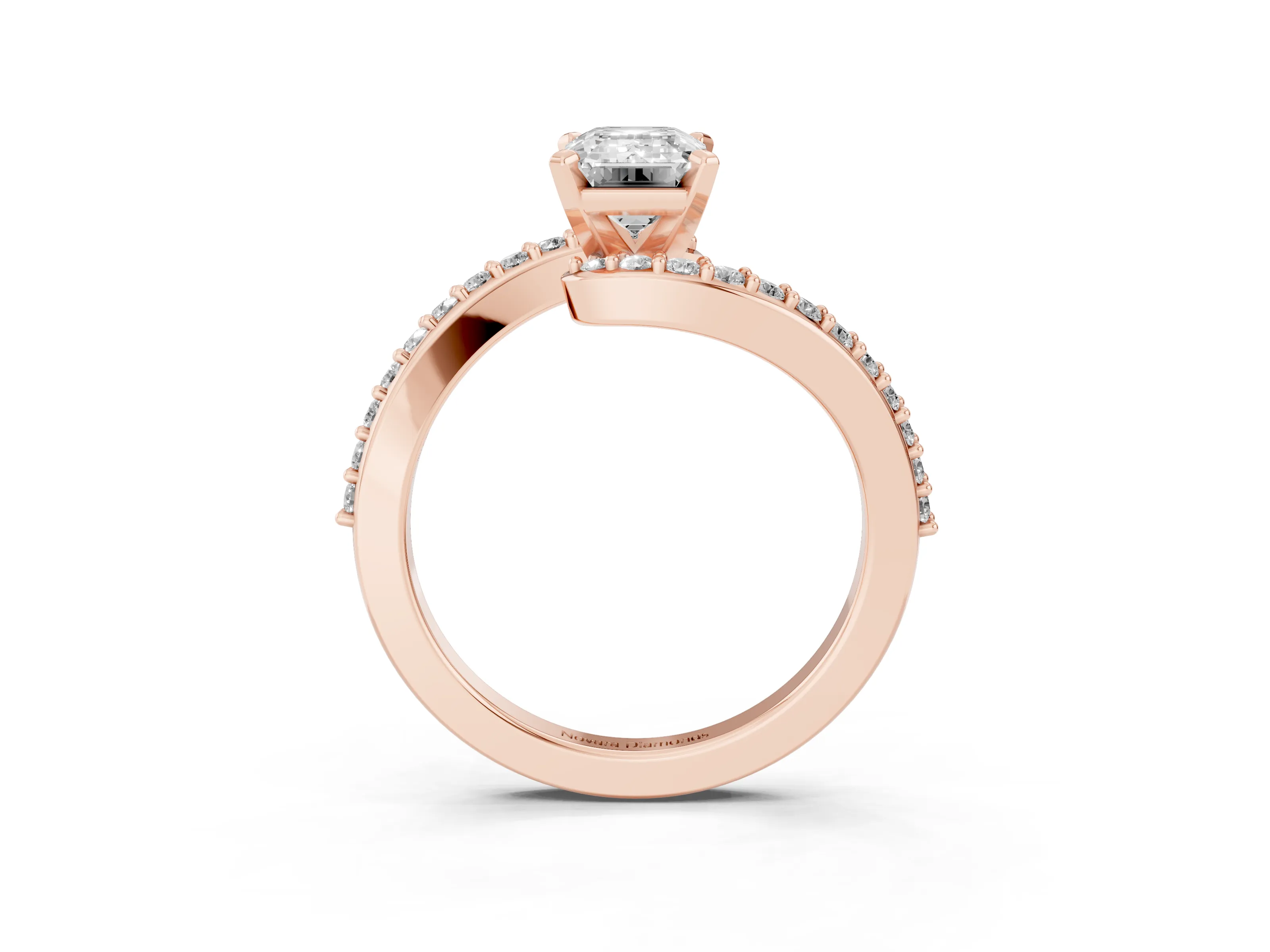 Emerald Cut Diamond Solitaire Ring Set in Rose gold with Pavé Twist Band and Prong Setting