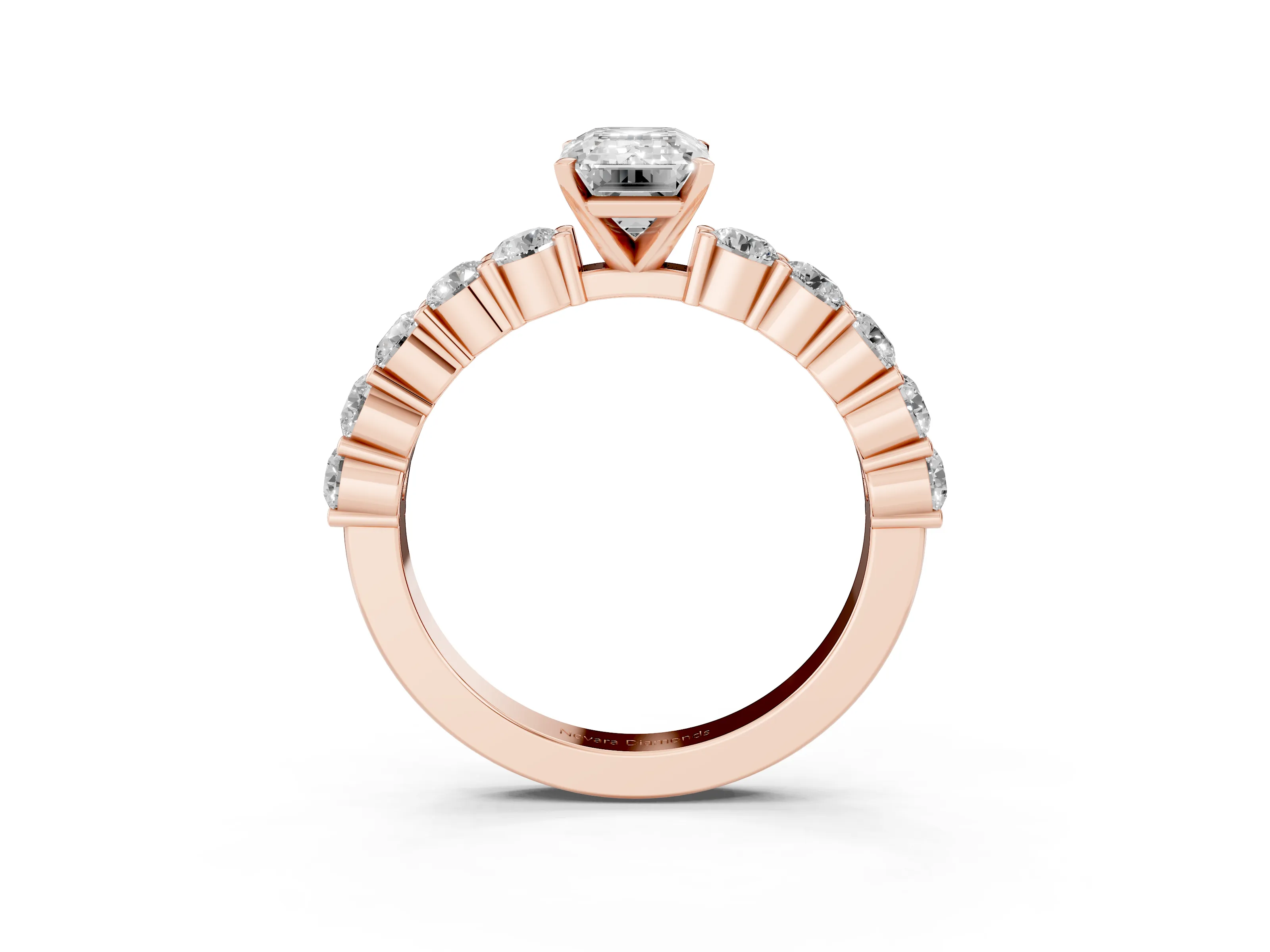 Emerald Cut Diamond Solitaire Ring Set in Rose gold with Shared Prong Round Side Stones
