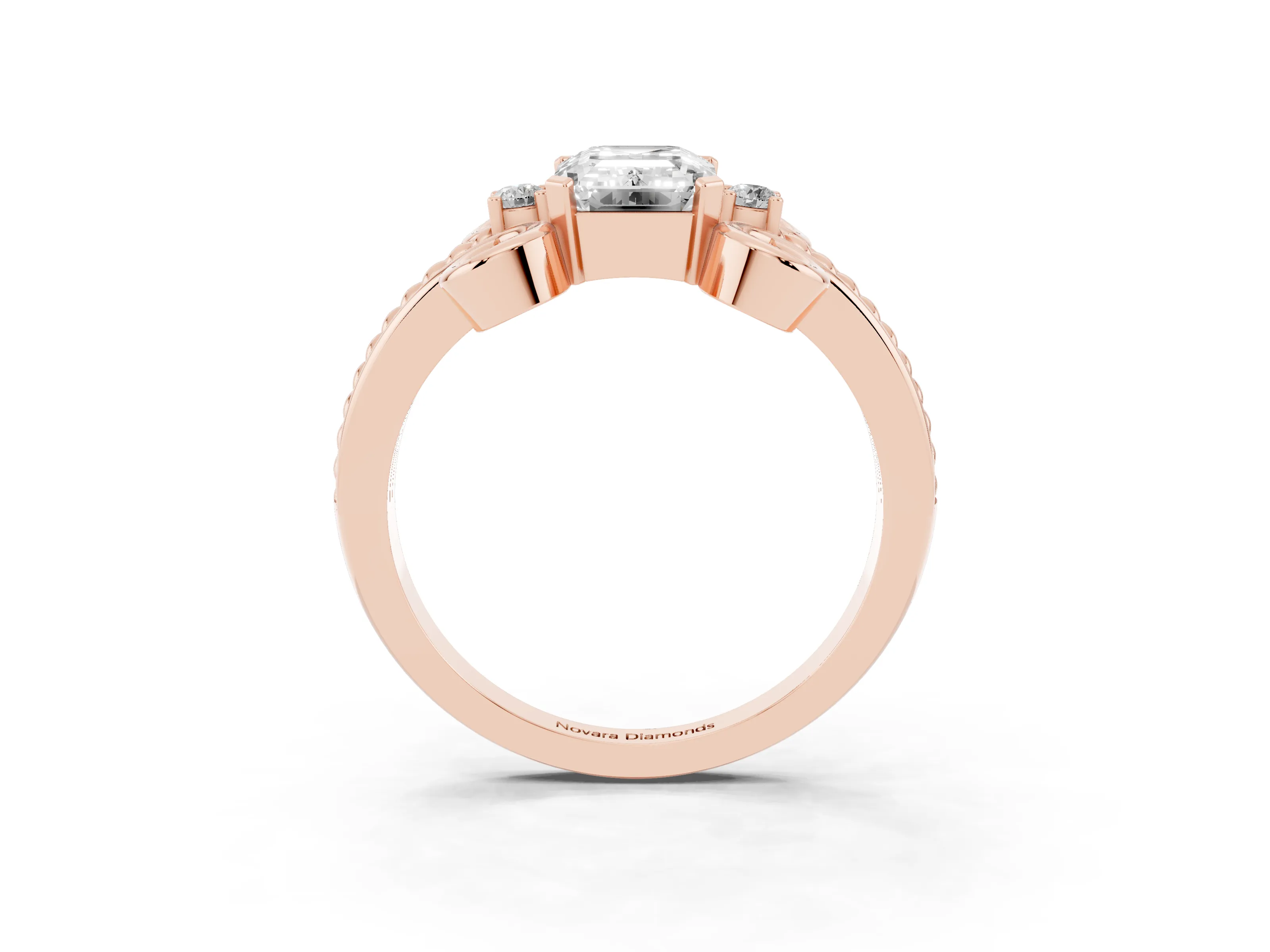 Emerald Cut Diamond Twisted Band Solitaire Ring Set in Rose gold with Scroll Prongs