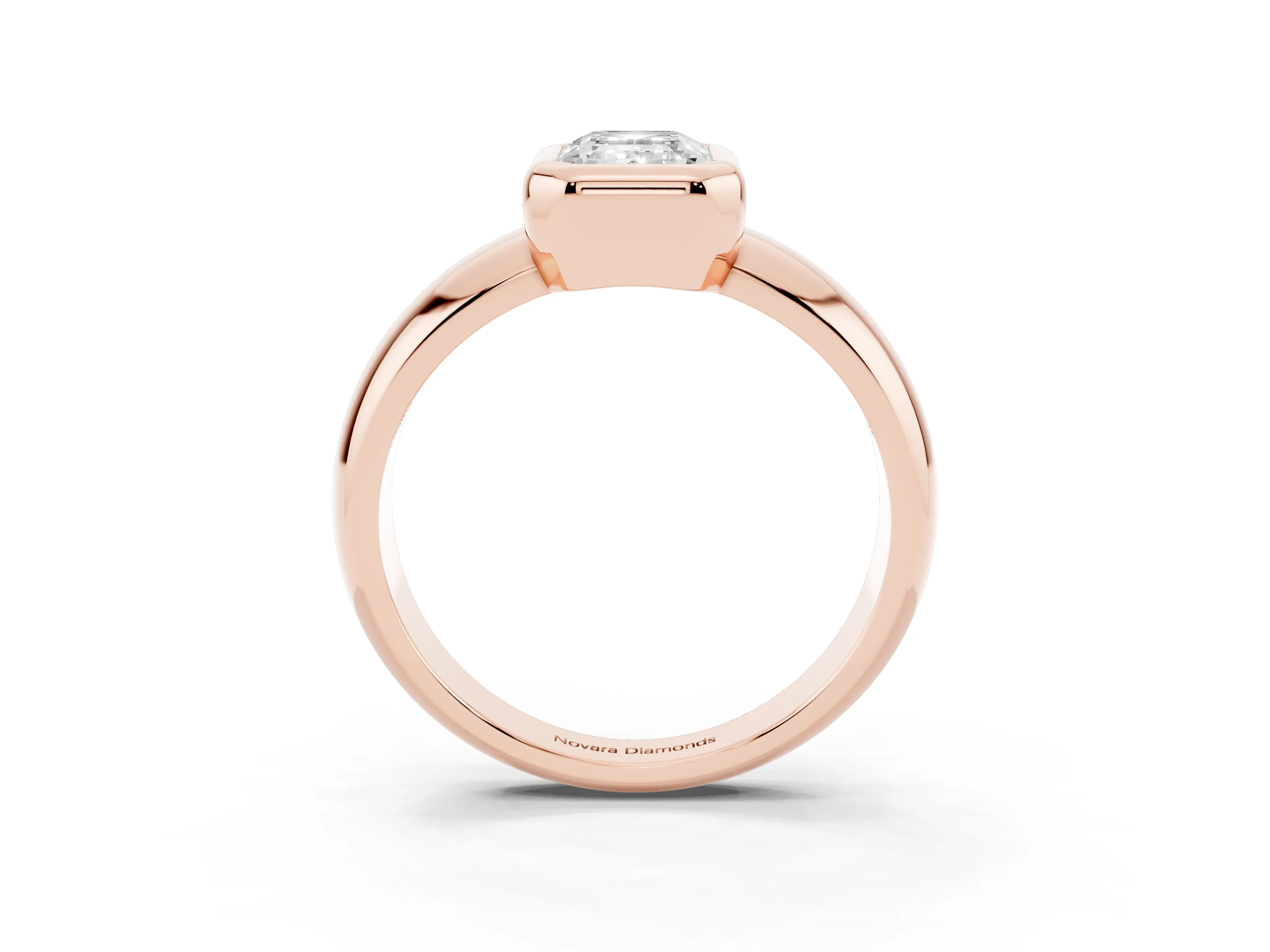 Bezel Set Emerald Cut Diamond Solitaire Ring Set in Rose gold with Wide Band