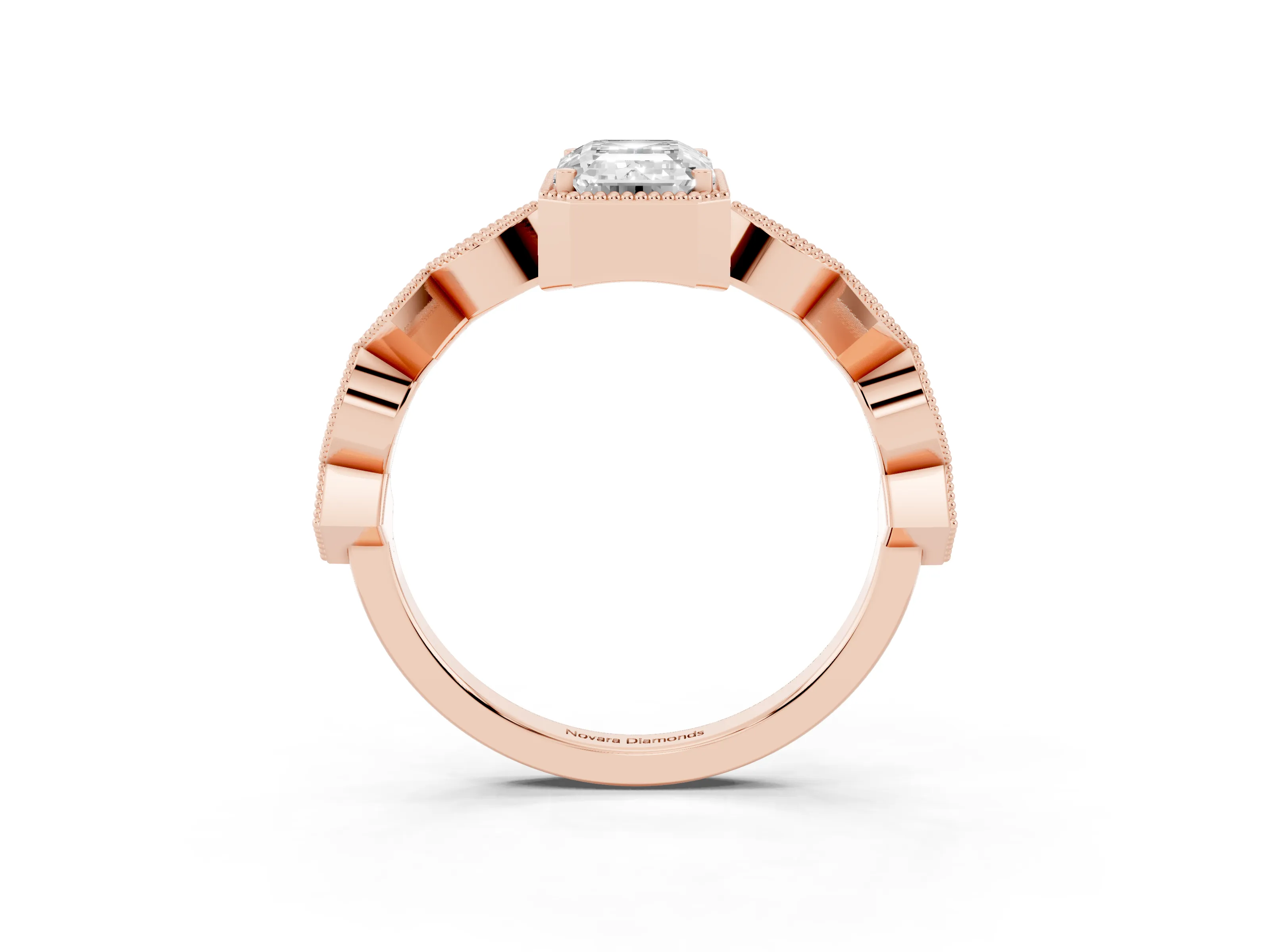 Emerald Cut Diamond Milgrain Marquise Twist Band Ring Set in Rose gold with Prong Setting